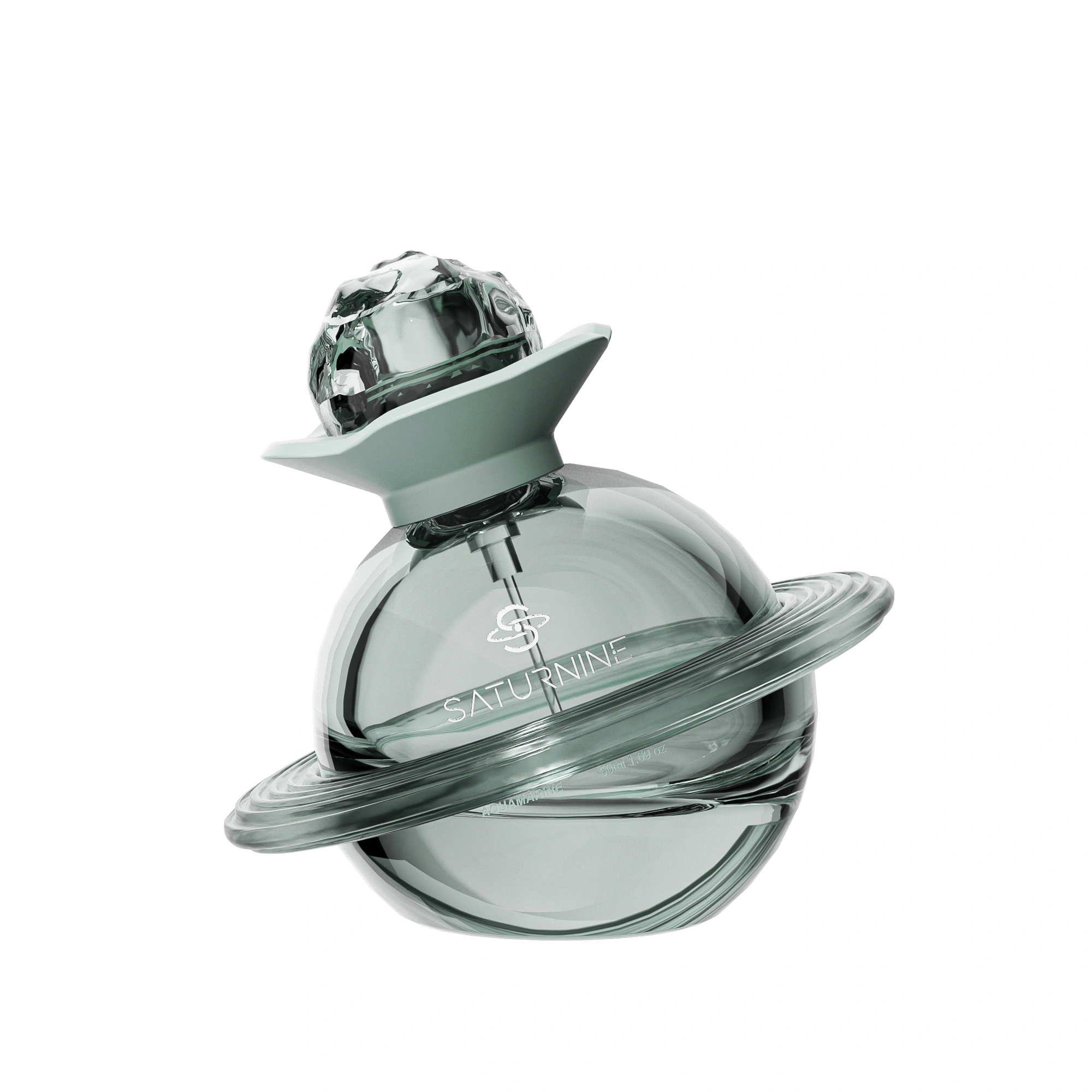 SATURNINE Aquamarine render on white: transparent sea-green glass sphere and ring with a matte green collar and a faceted tinted cap.