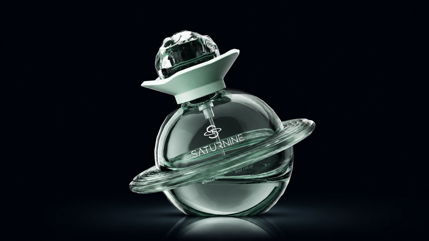 SATURNINE Aquamarine bottle: sea-green tinted glass sphere with a ring, matte green collar and faceted crystal cap on a black background.