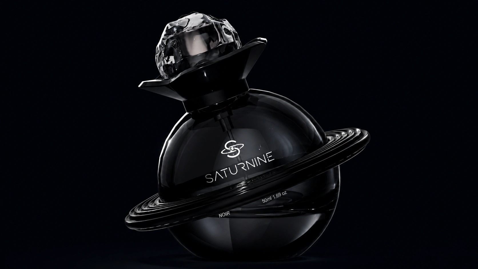 SATURNINE Noir bottle: glossy black glass sphere with a black ring, black collar and smoky faceted cap, labeled 50ml, on a dark background.