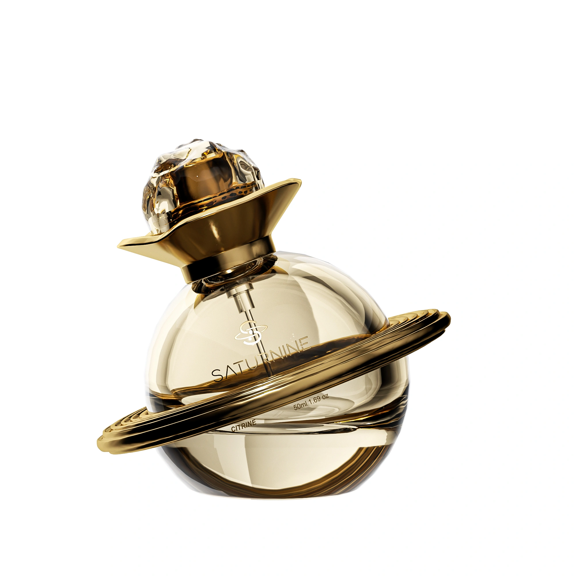 SATURNINE Citrine render on white: transparent golden glass sphere with an electroplated gold ring and collar and an amber faceted cap.