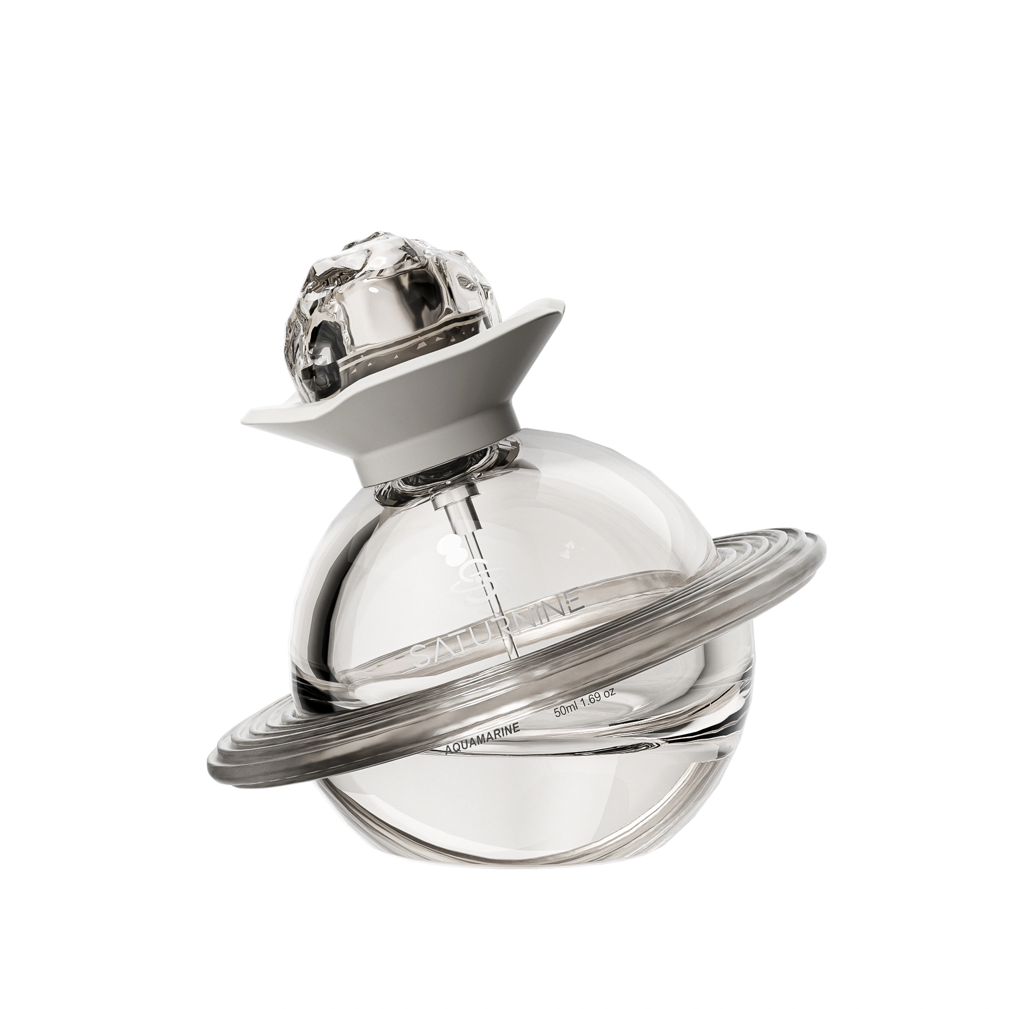 SATURNINE Crystal render on white: clear glass sphere with a frosted translucent ring, light gray matte collar and clear faceted cap.