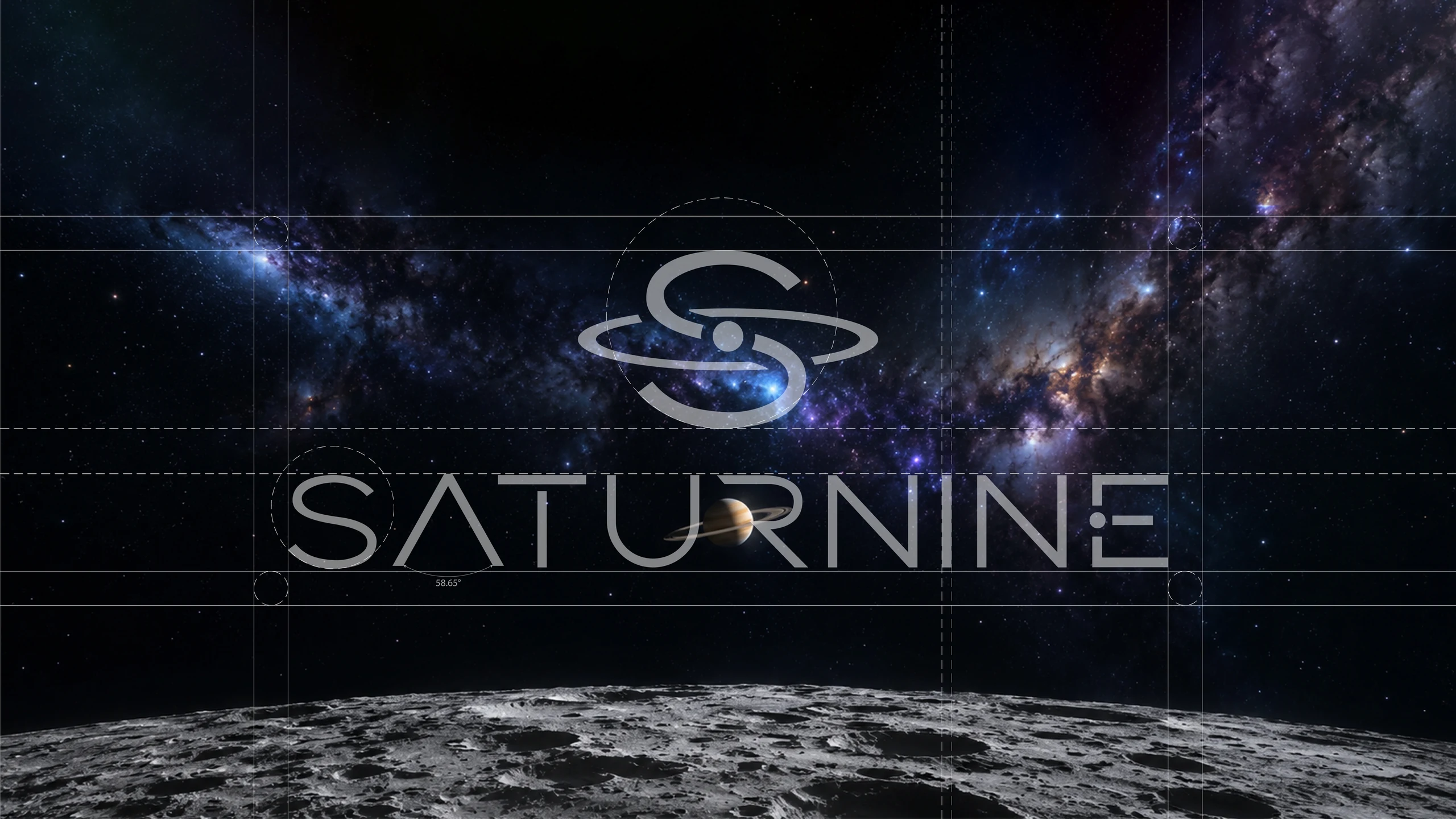 SATURNINE logo design slide: ringed S monogram and gray wordmark on construction guides over a starfield and a cratered lunar horizon.