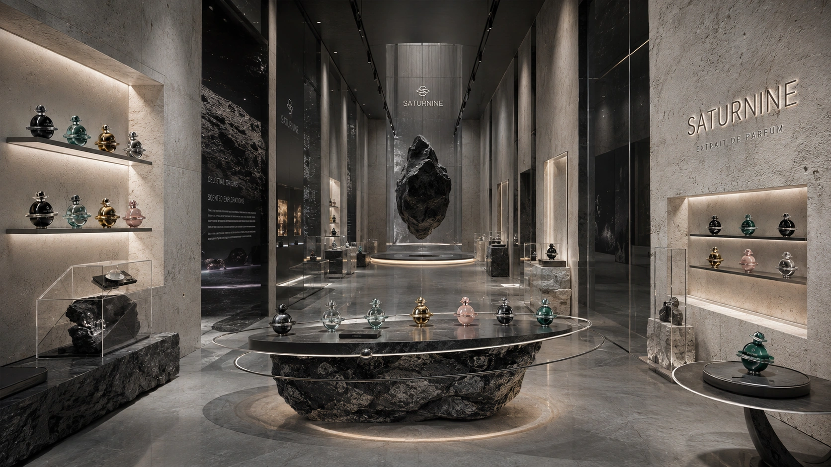 SATURNINE retail display concept: stone boutique with lit shelves of ringed bottles, a meteorite-base table and a suspended rock.
