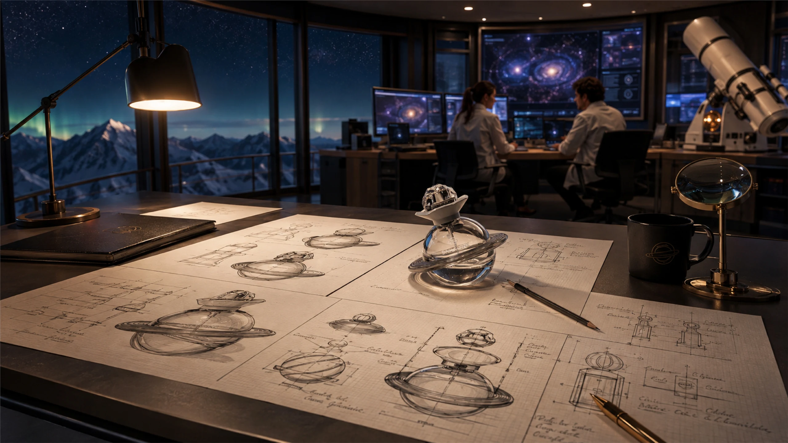 SATURNINE sketch development: pencil drawings of the ringed bottle on a desk with a glass prototype, a lamp and a telescope at night.