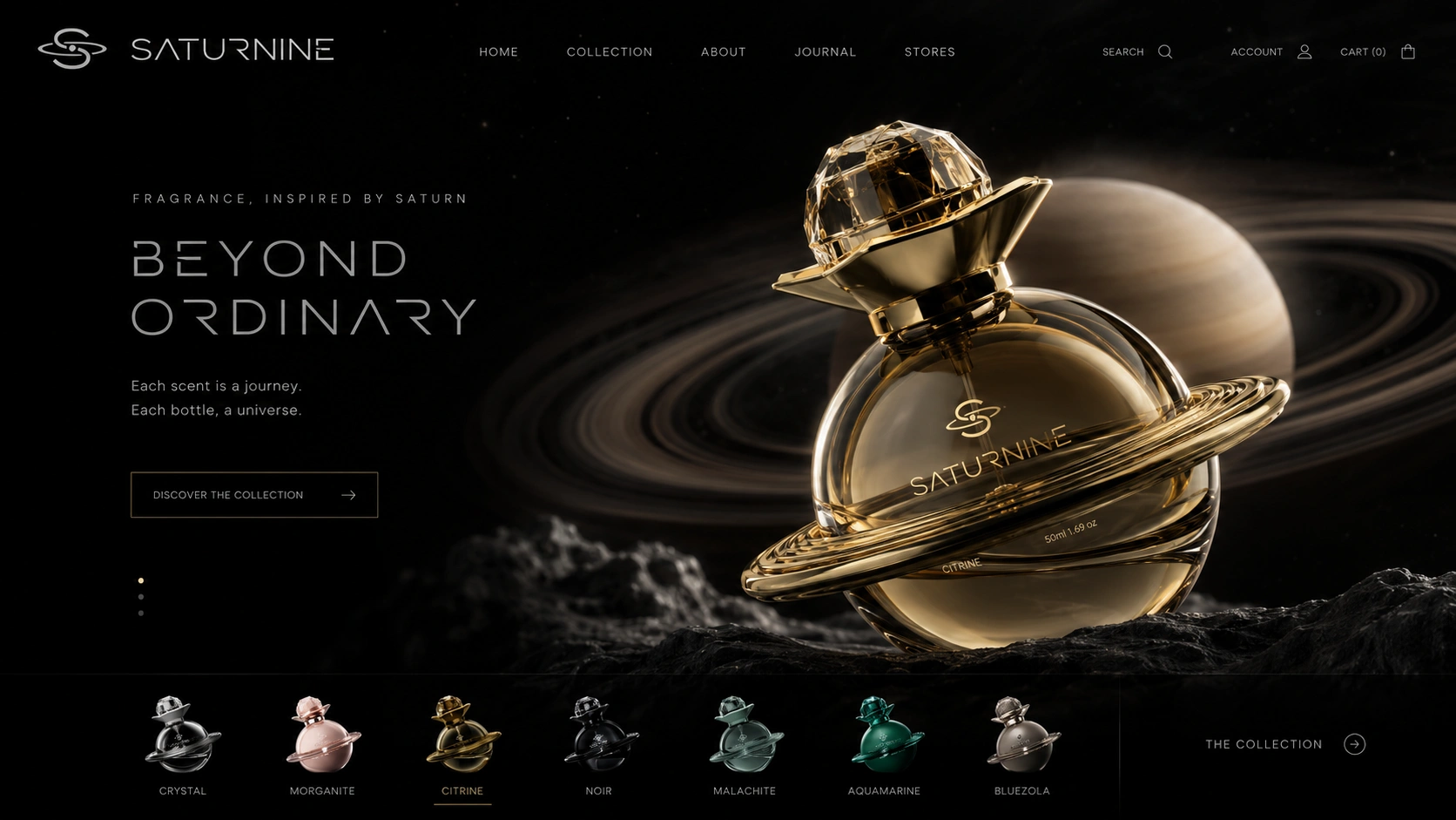 SATURNINE website hero design: gold Citrine bottle before Saturn, 'Beyond Ordinary' headline, and a seven-colorway selector row below.