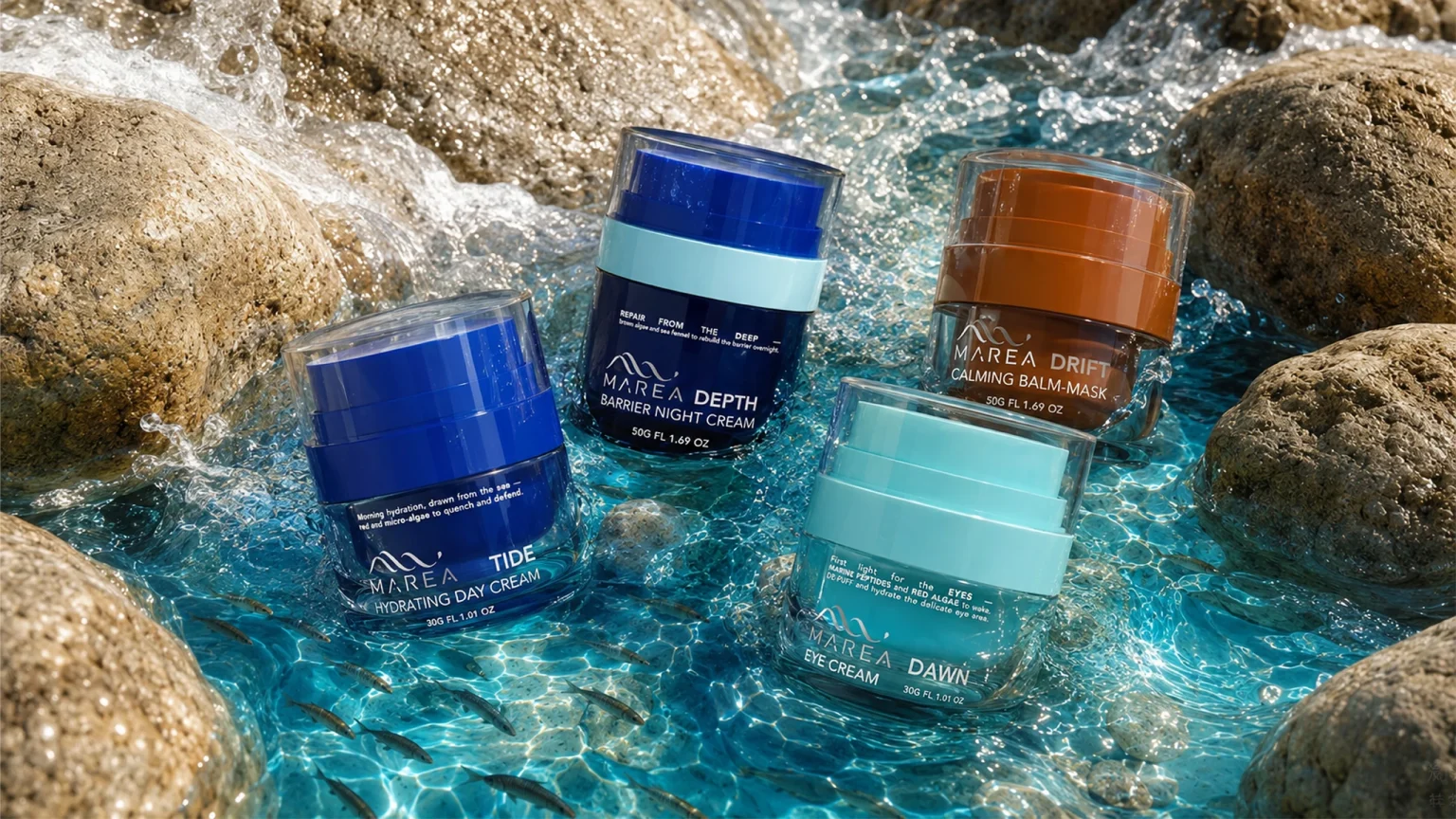 MAREA product line of four glass airless jars in blue, navy, brown and turquoise standing in clear seawater between sandstone rocks.