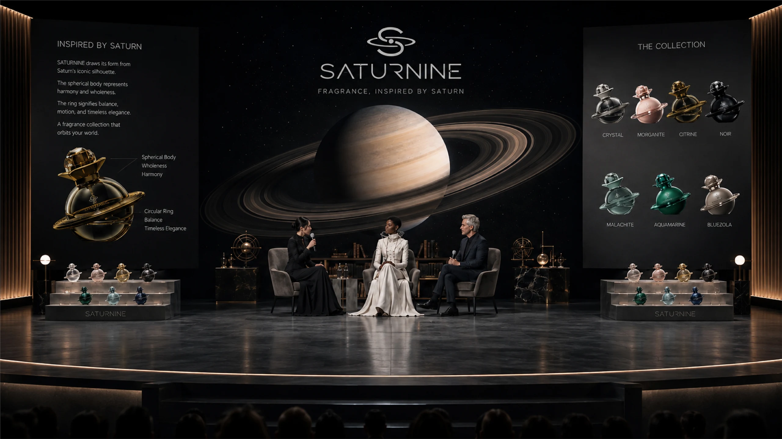 SATURNINE launch event render: three speakers on stage before a giant Saturn screen, flanked by collection panels and bottle displays.