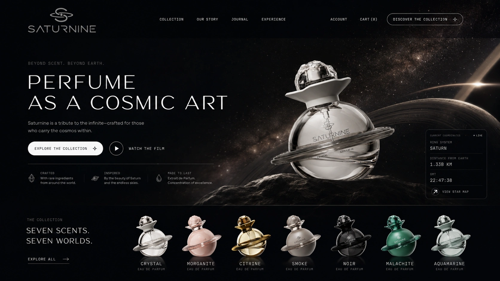 SATURNINE website hero design: clear bottle on a rock under 'Perfume as a Cosmic Art', with seven labeled colorway bottles below.