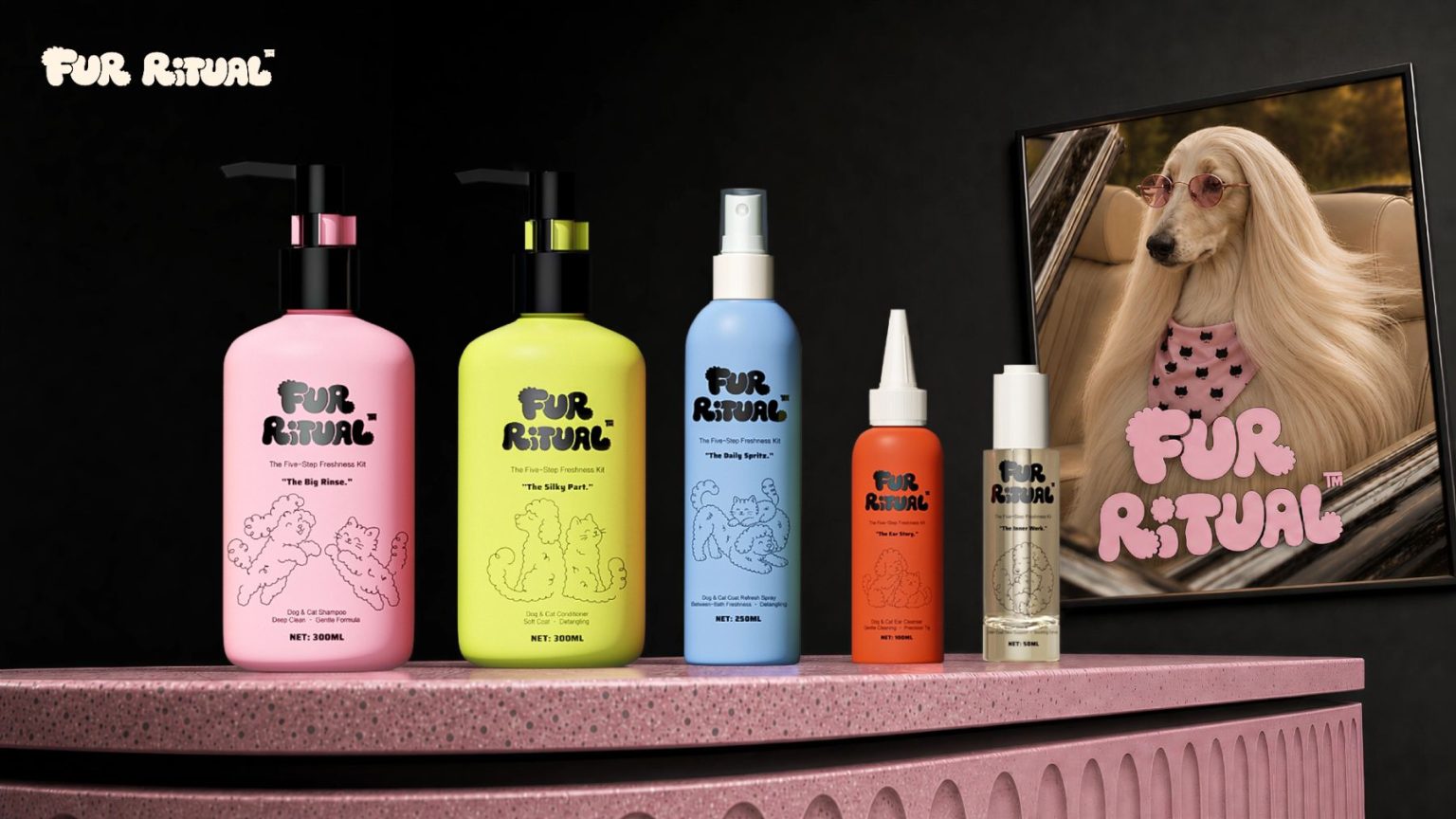 FUR RITUAL five-step pet grooming range shown as a lineup.