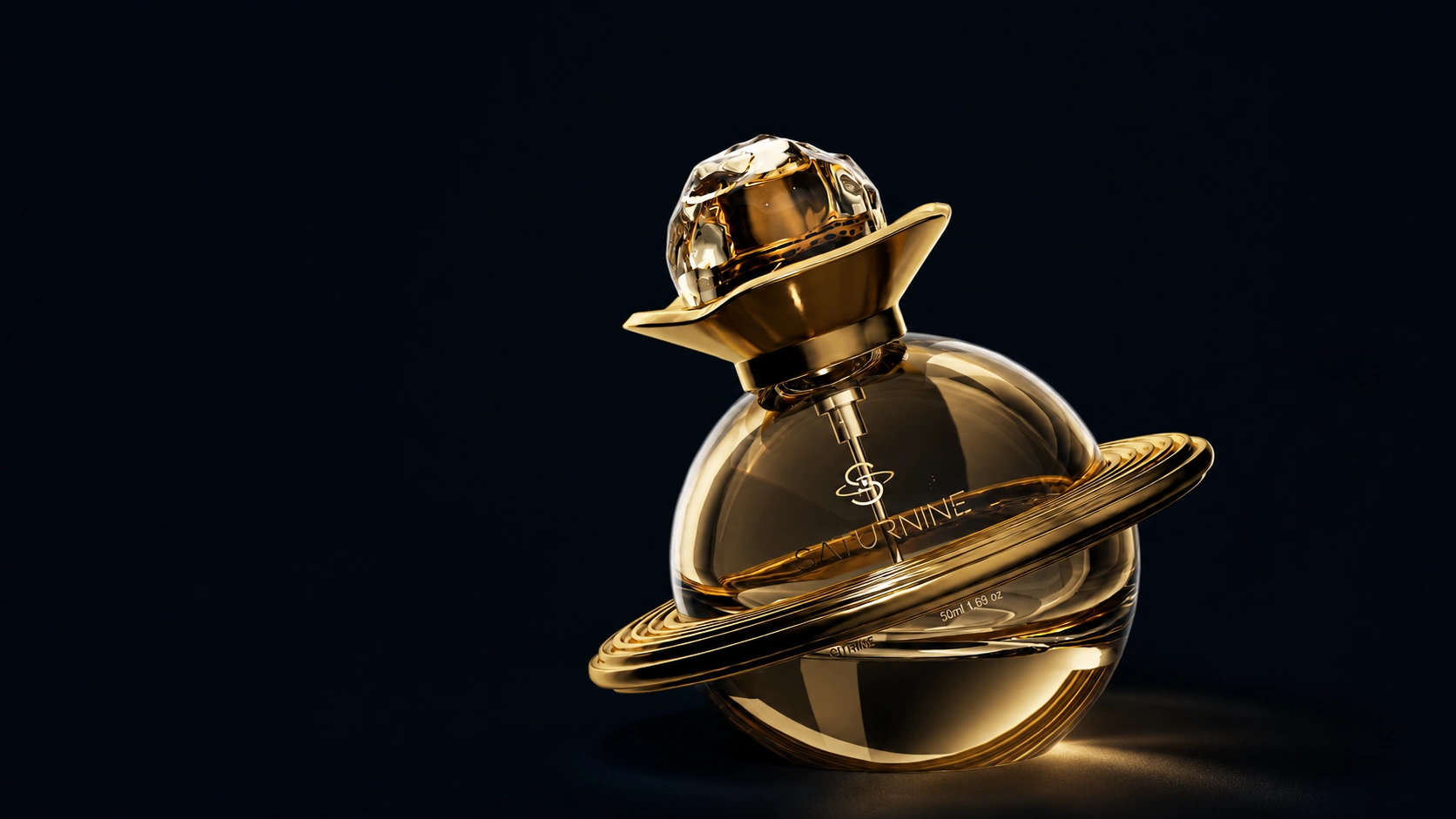 SATURNINE Citrine bottle: gold-tinted glass sphere with a polished gold ring, flared gold collar and amber faceted cap, lit on navy.