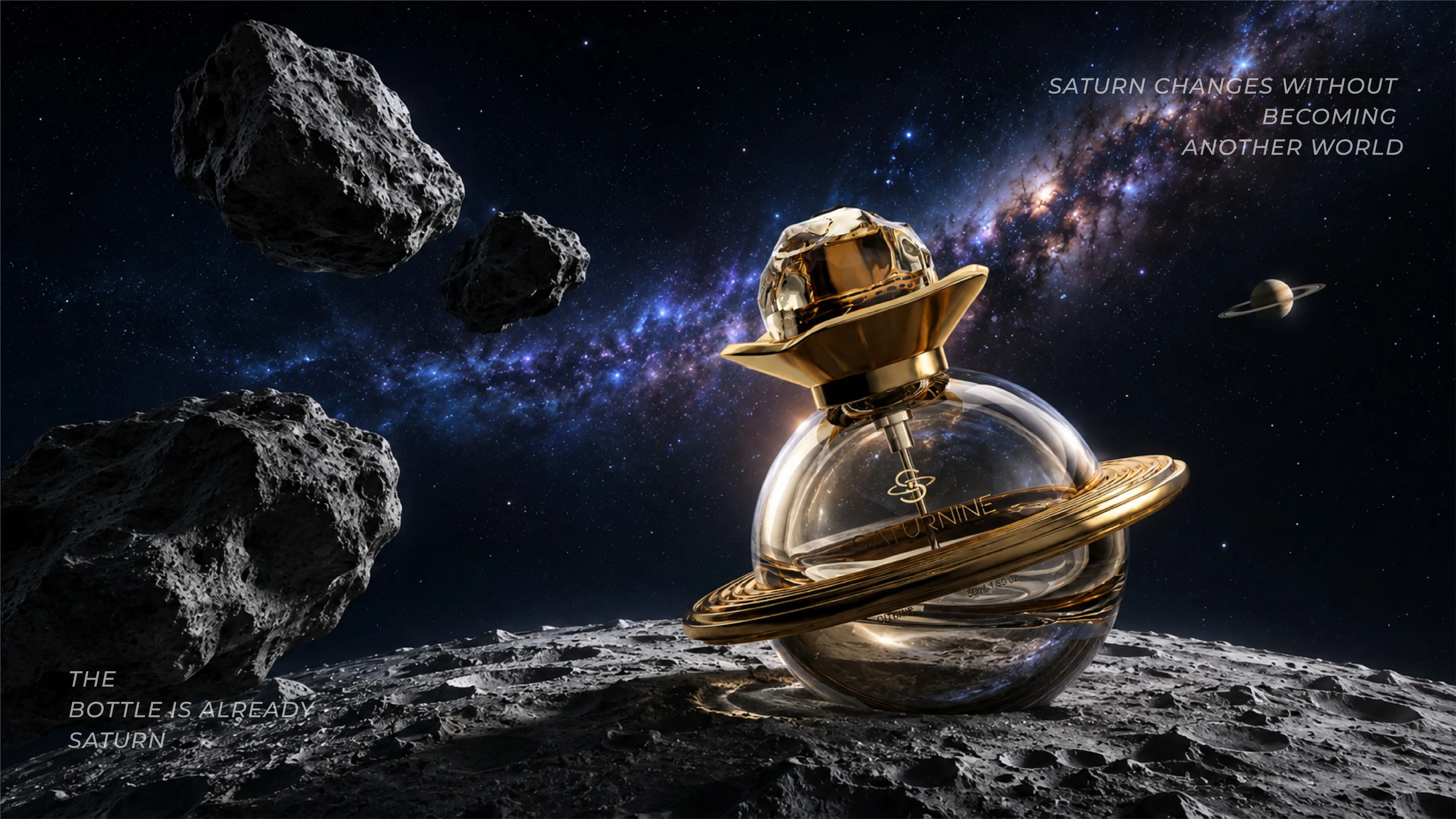 SATURNINE lunar advert: gold-ringed bottle on a cratered surface with floating rocks and the Milky Way, text 'The bottle is already Saturn'.