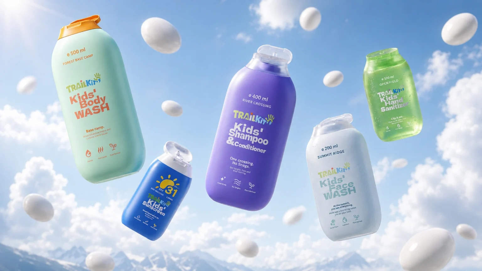 TRAILKIT 3D render: five kids' bottles in mint, purple, blue, pale blue and green float against a sky with clouds and white pebbles.