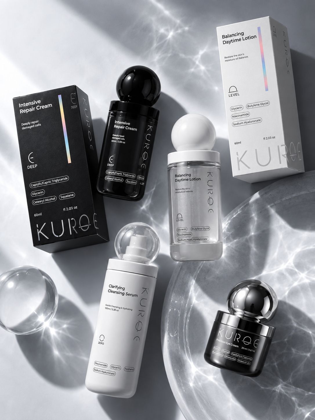 KUROE four-step skincare family on one cap architecture.