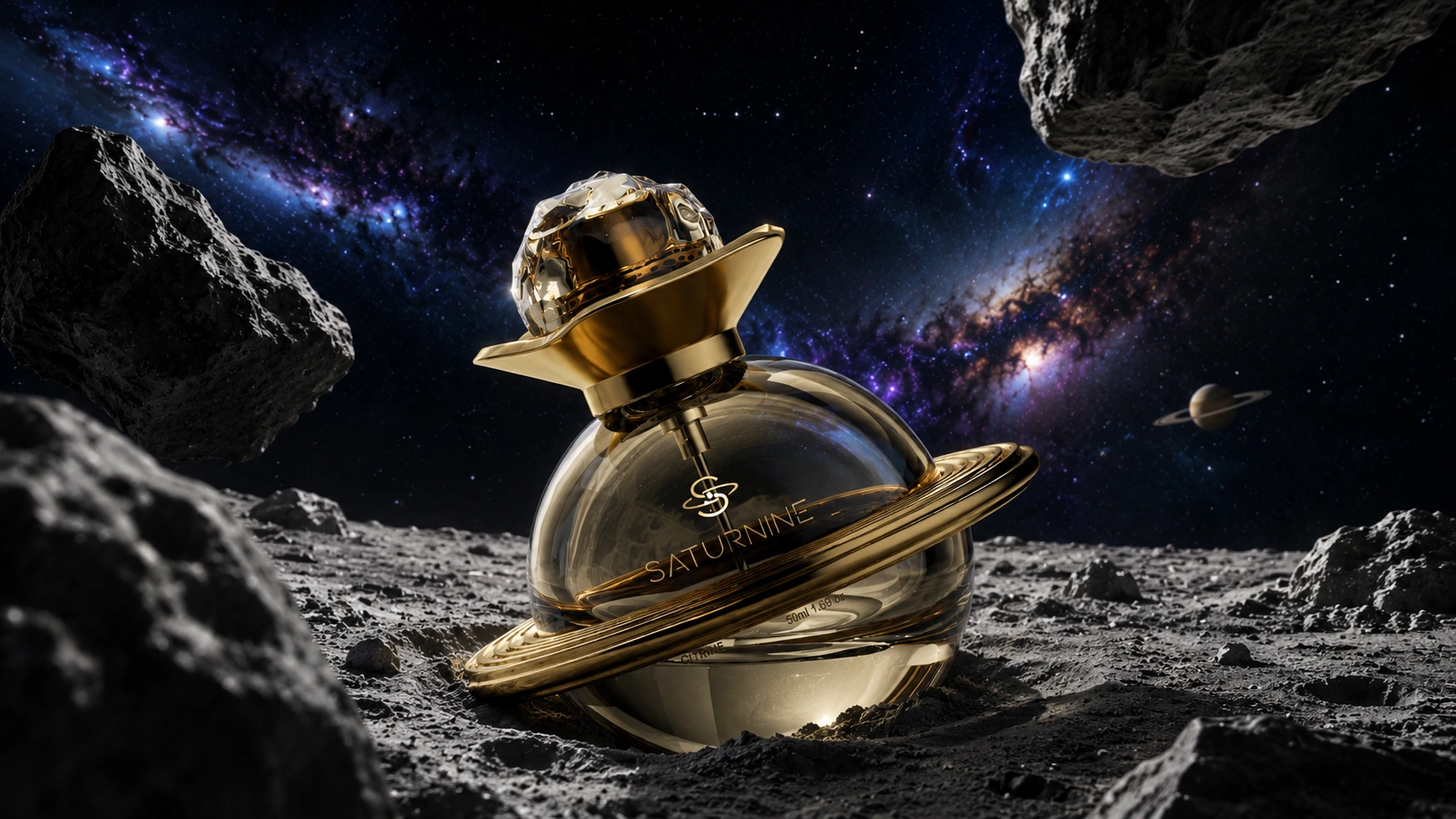 SATURNINE campaign render: a gold-tinted ringed bottle sunk into gray lunar dust between boulders, with a violet galaxy and distant Saturn.
