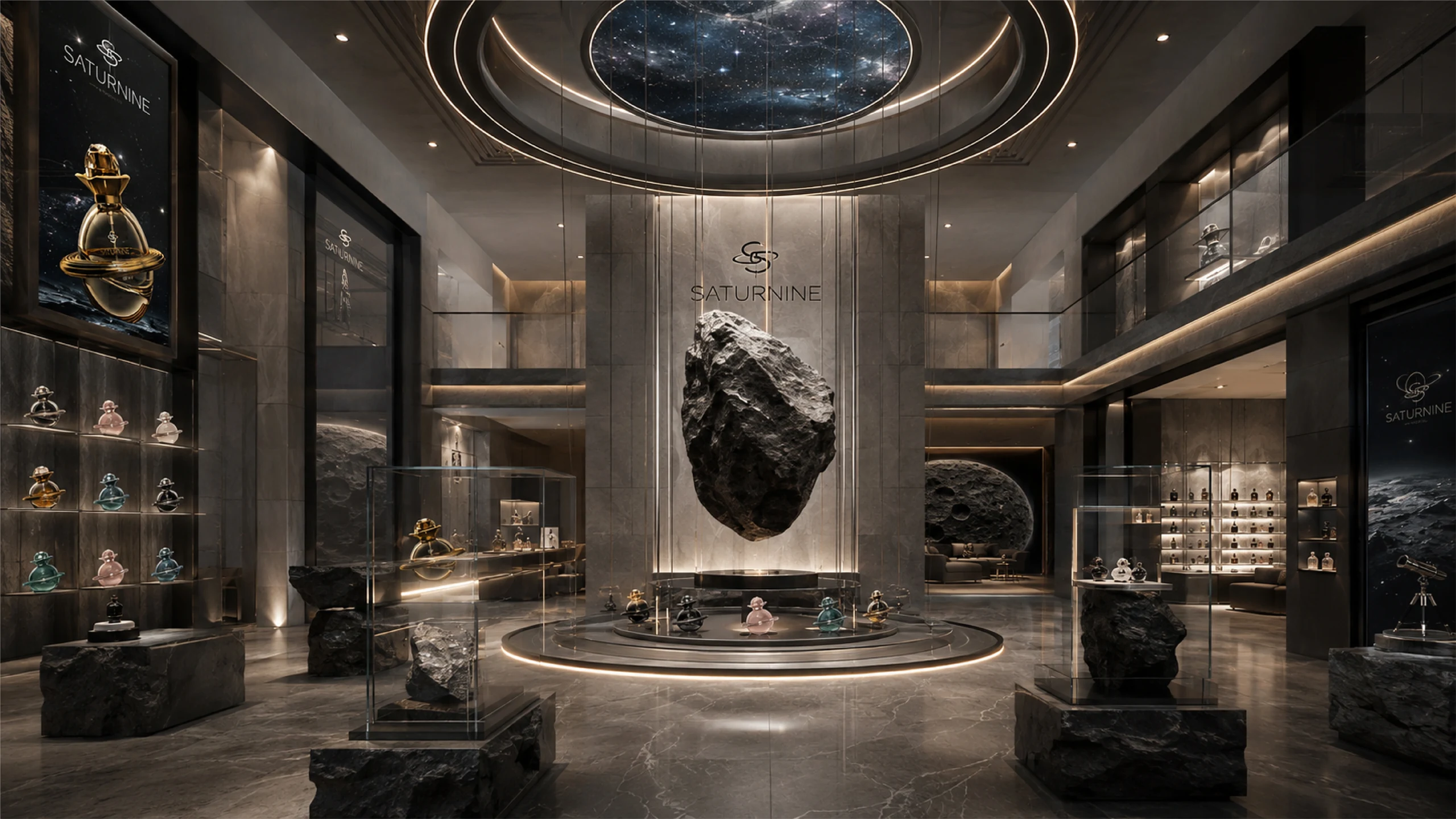 SATURNINE boutique display: marble hall with a suspended meteorite over a round bottle plinth, glass cases on rock bases and lit shelves.