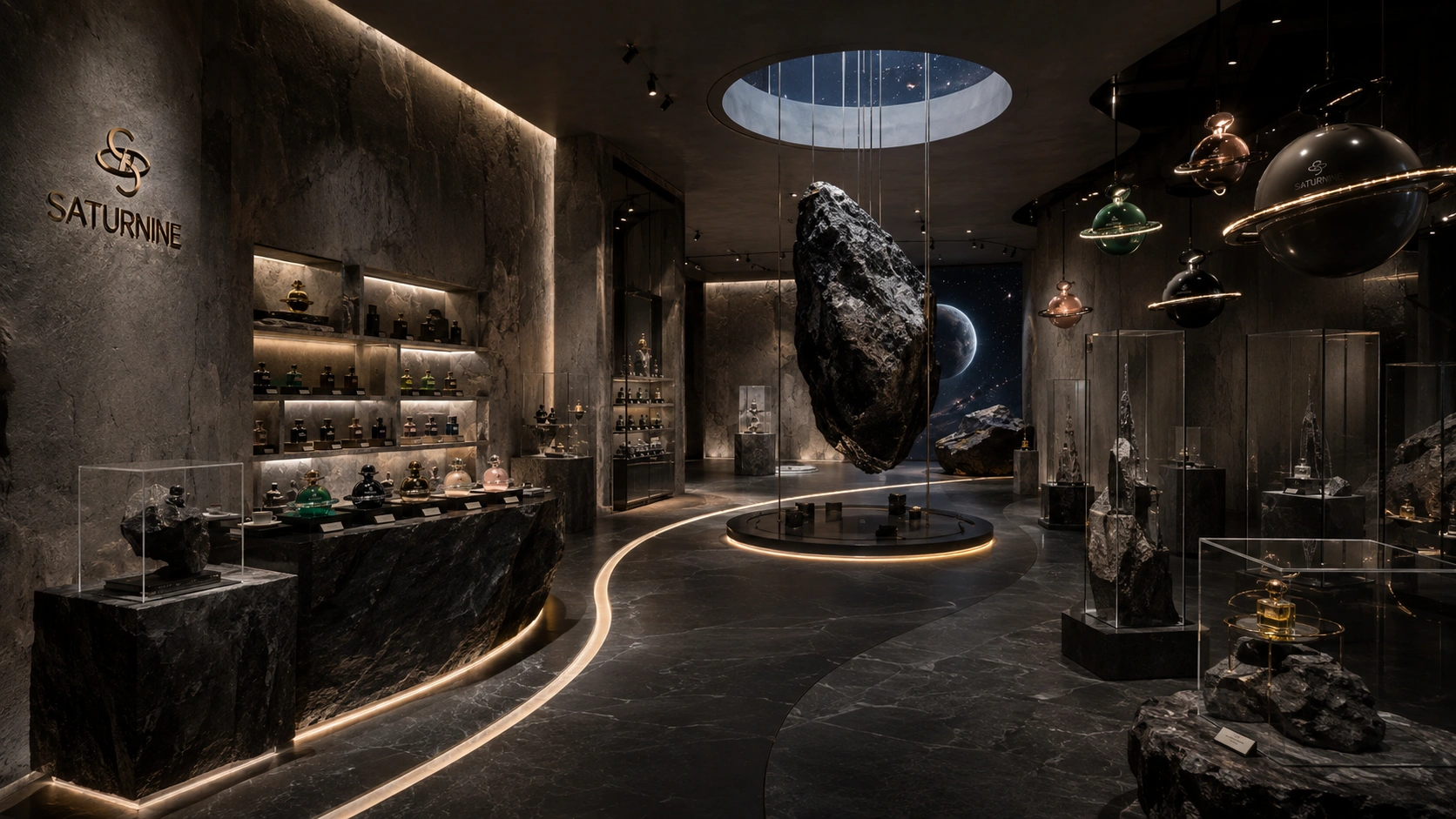 SATURNINE showroom concept: dark stone interior with a skylight oculus, hanging meteorite, rock counter of bottles and ringed pendants.