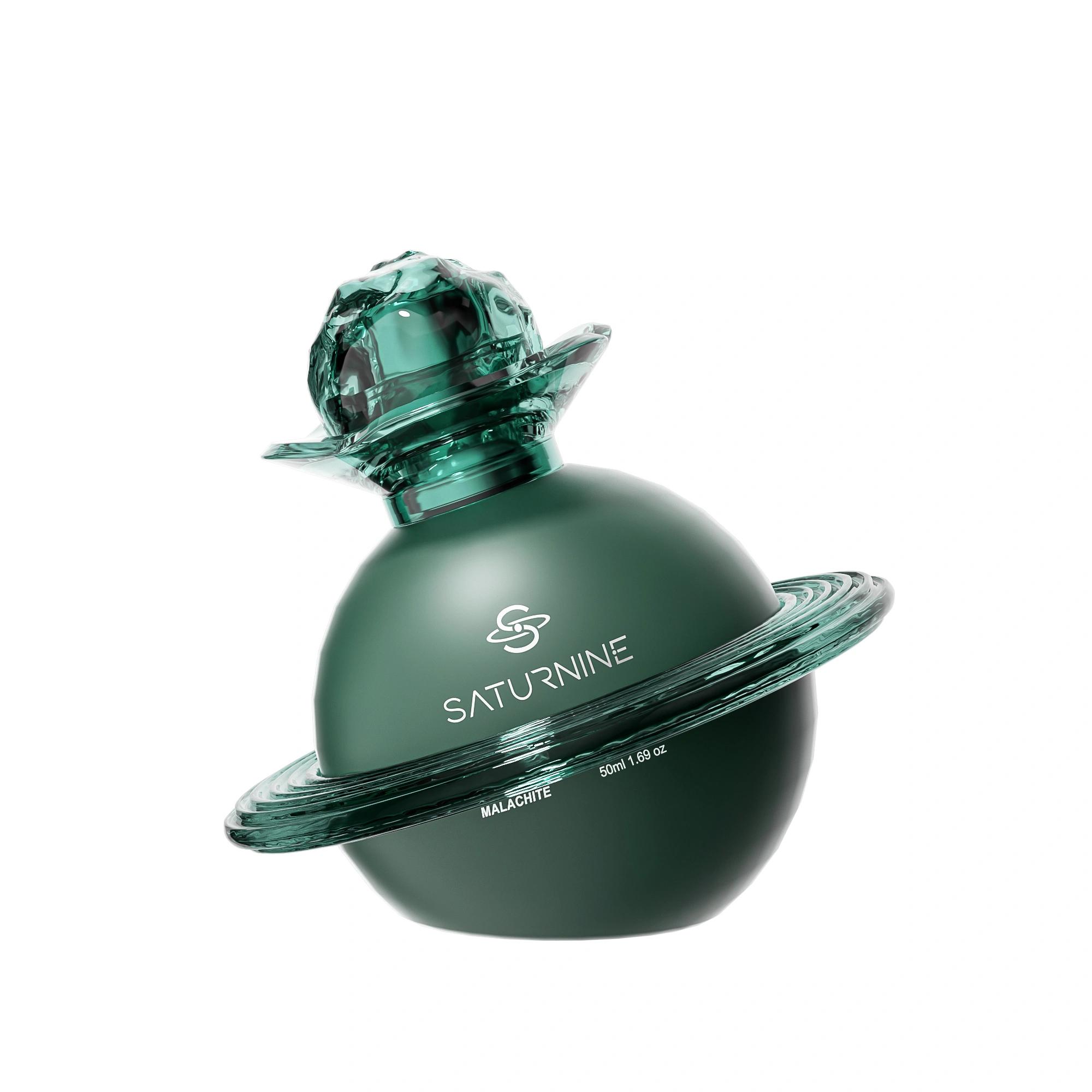 SATURNINE Malachite render on white: solid matte green sphere with a transparent green ring, collar and faceted cap, labeled 50ml.