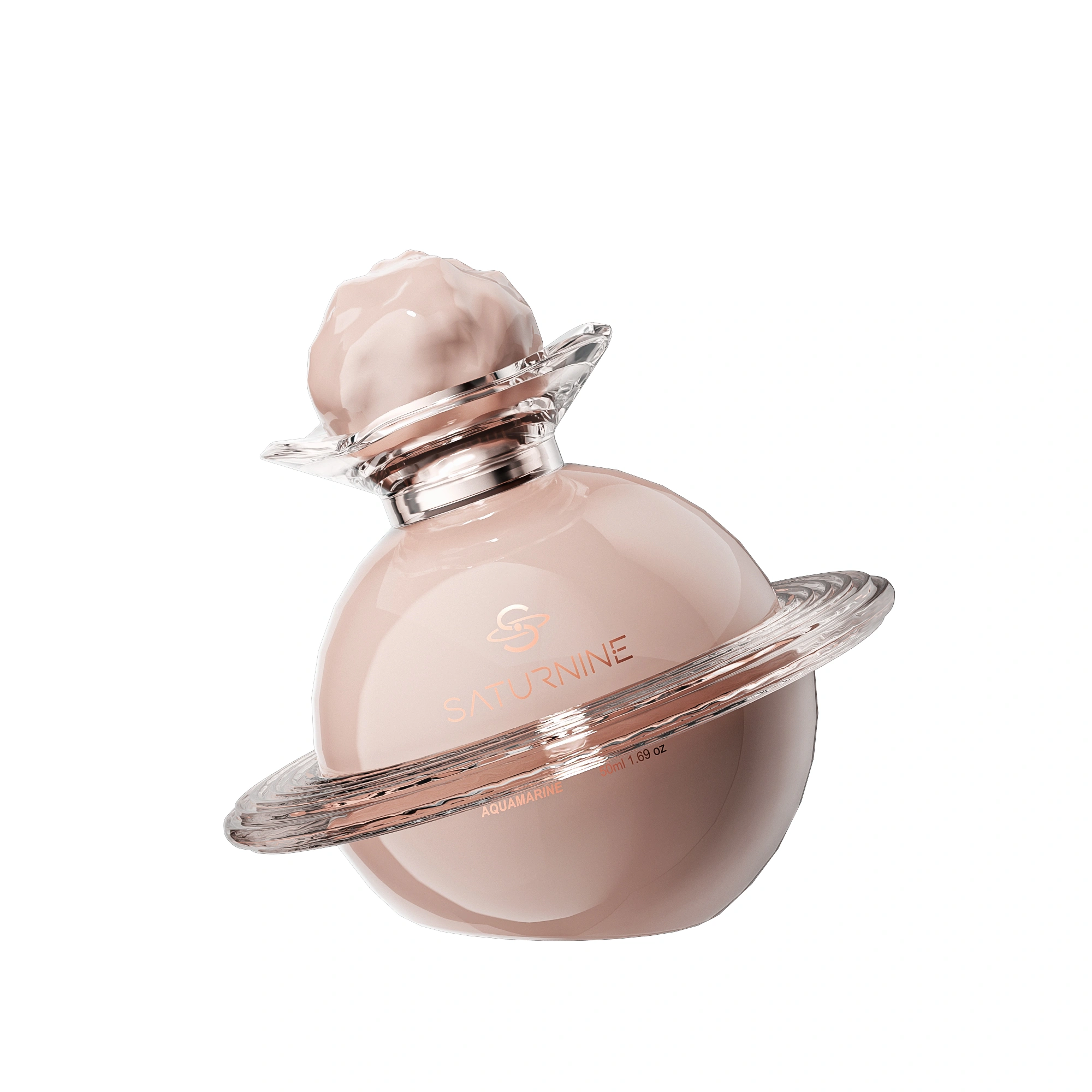 SATURNINE Morganite render on white: glossy solid pink glass sphere with a clear tinted ring and collar, silver neck and pink textured cap.