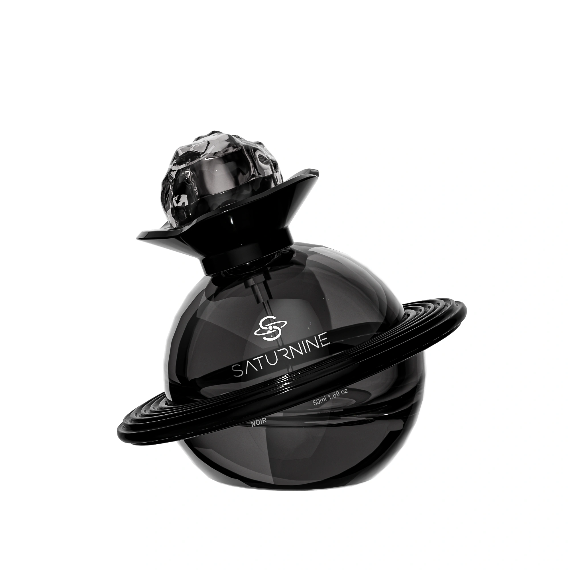SATURNINE Noir render on white: transparent smoky black glass sphere with a glossy black ring and collar and a dark faceted cap.
