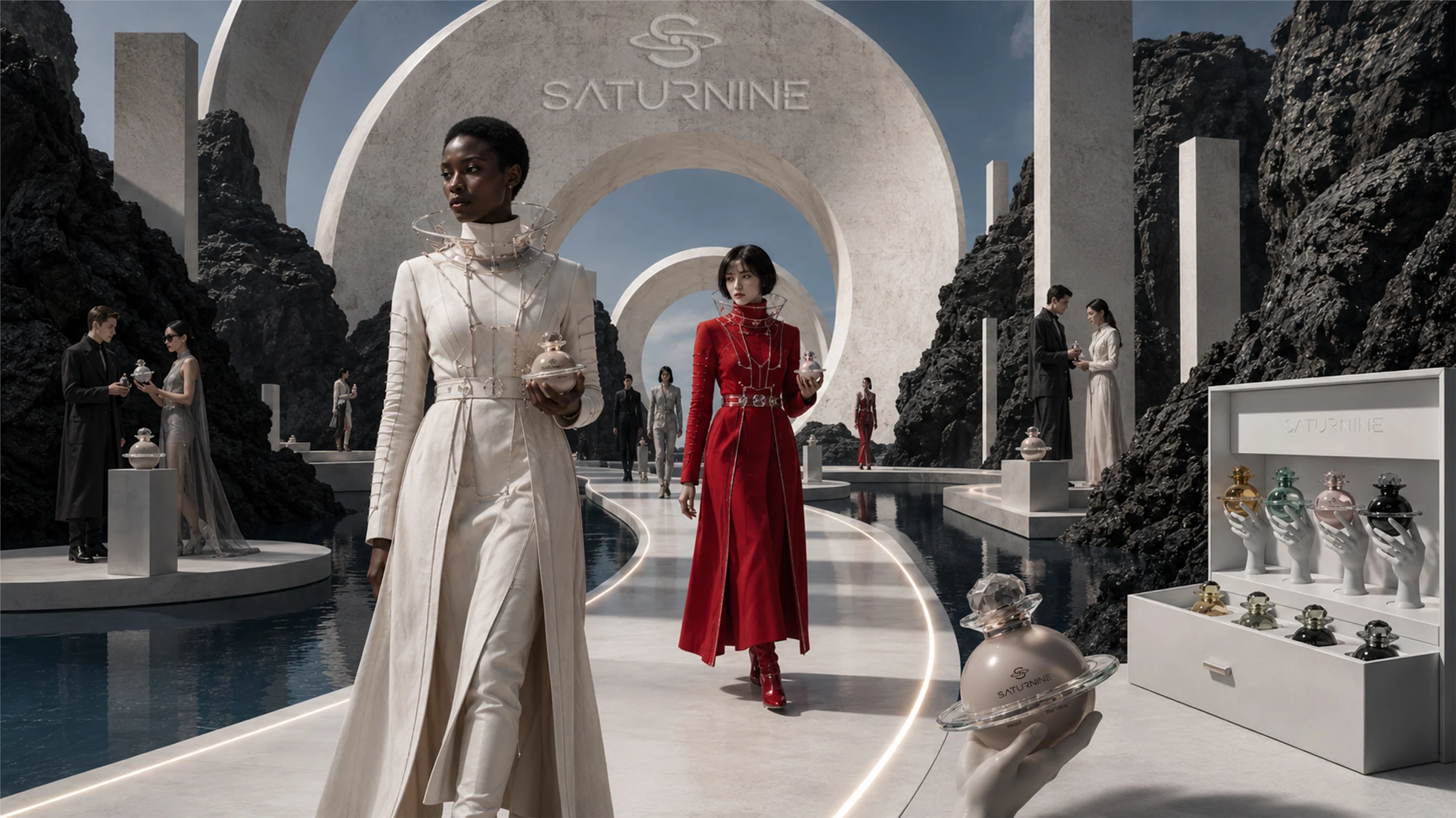 SATURNINE runway scene: models in white and red sculptural coats carry bottles along a lit walkway past arches, a display case at right.