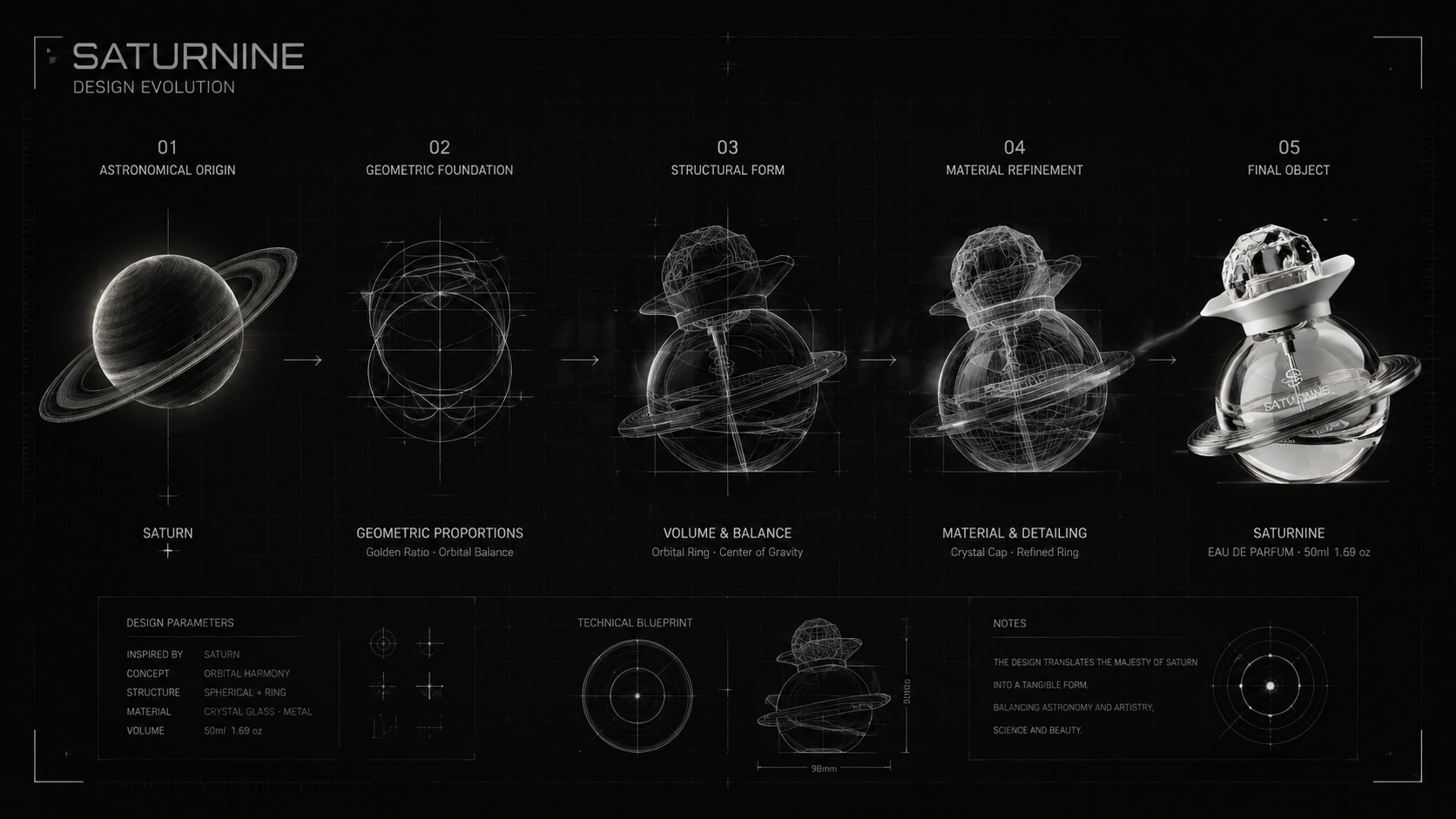 SATURNINE design evolution board: five steps from Saturn and geometric proportions to wireframe forms and the final clear 50ml bottle.