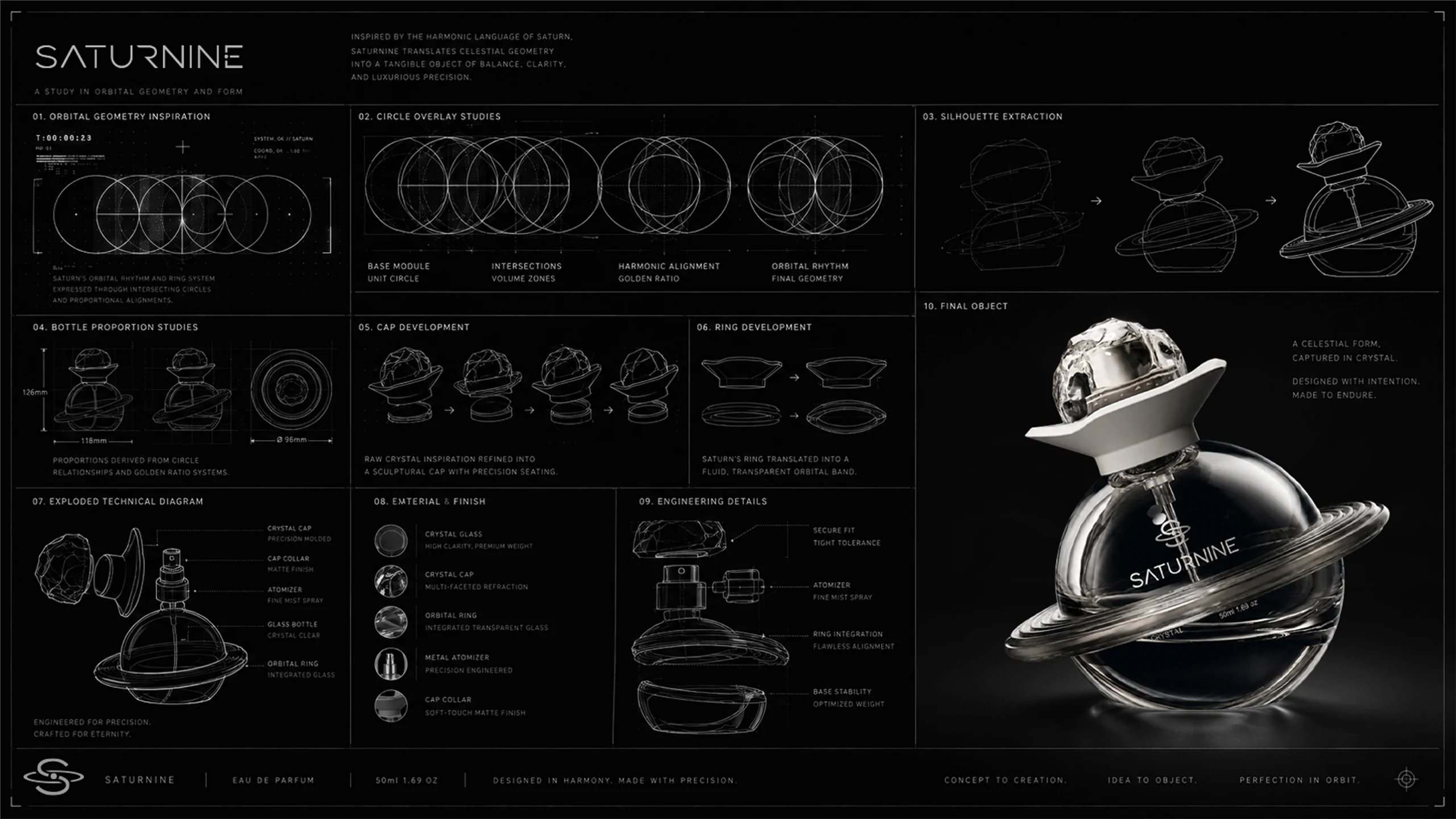SATURNINE technical drawing board: ten panels on orbital geometry, proportions, exploded parts and finishes, with the final clear bottle.