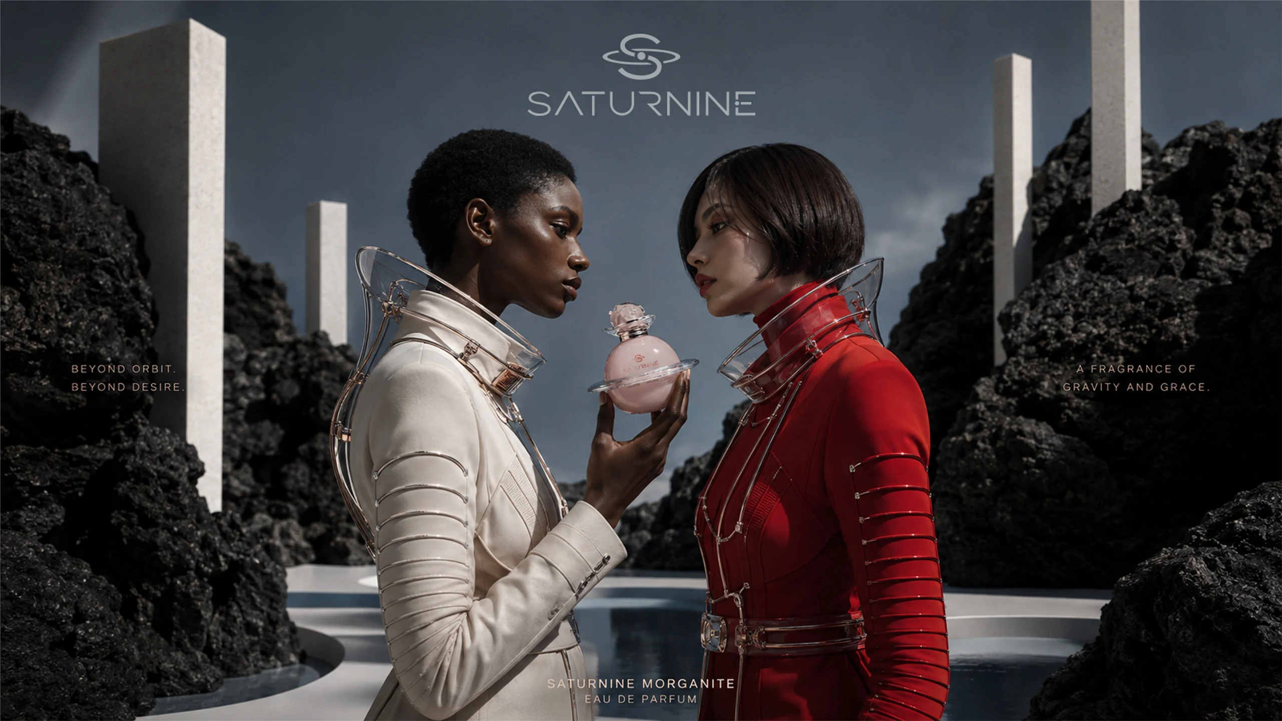 SATURNINE Morganite campaign: two models in white and red with clear sculptural collars face each other with a pink bottle among dark rocks.