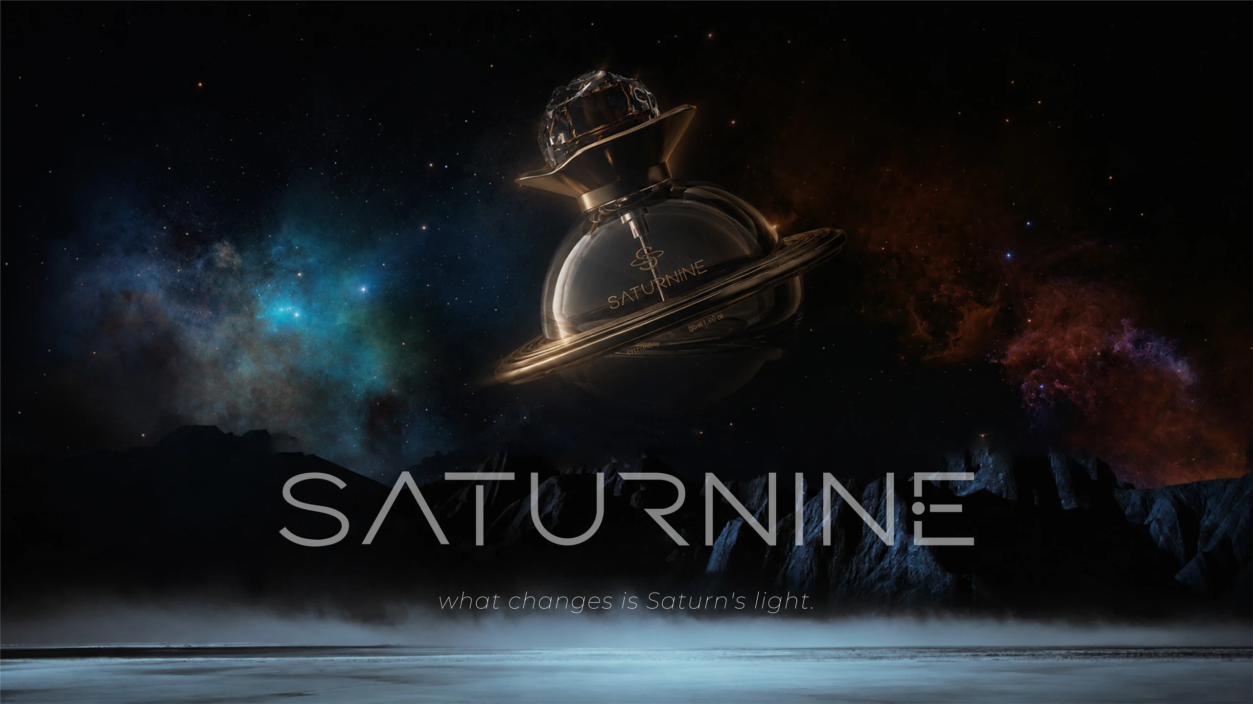 SATURNINE brand concept cover: a floating bronze ringed bottle over mountains and nebulae, wordmark and 'what changes is Saturn's light.'