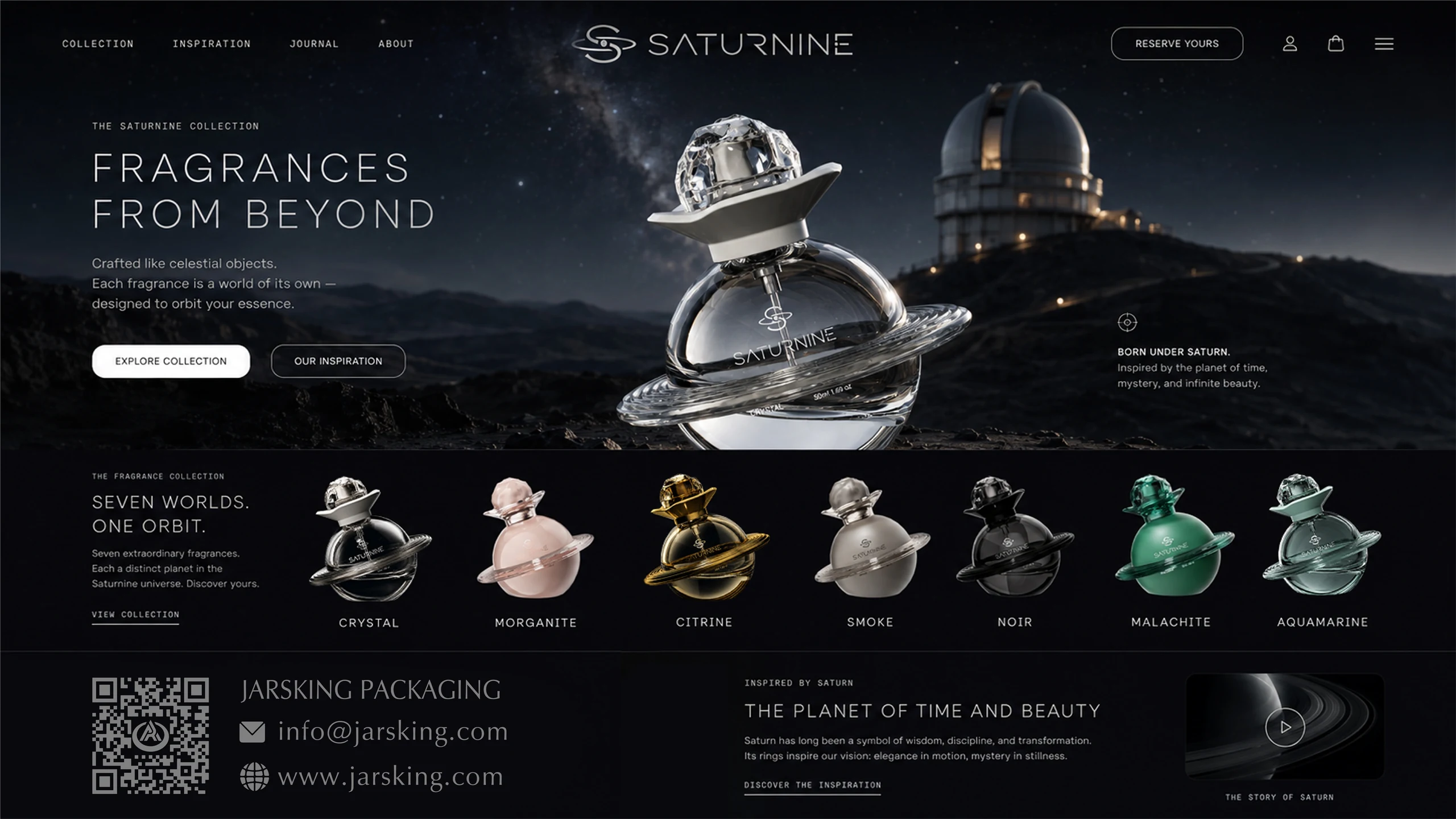 SATURNINE website homepage mockup: clear bottle by an observatory under 'Fragrances from Beyond', a seven-bottle row and Jarsking contacts.