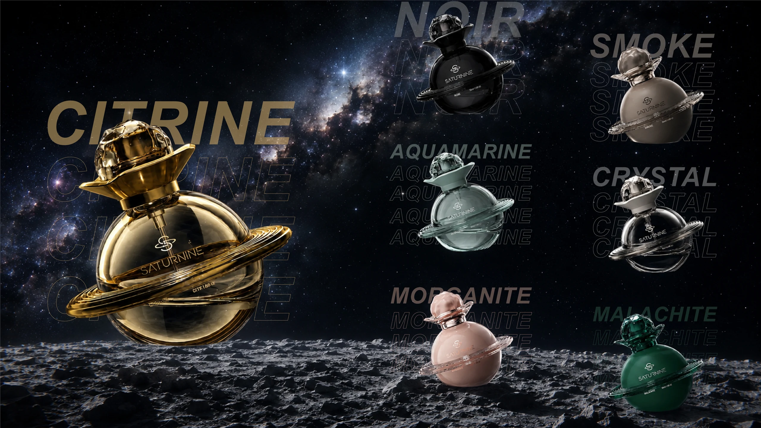SATURNINE seven-color slide: Citrine, Noir, Smoke, Aquamarine, Crystal, Morganite and Malachite bottles with bold names on a lunar surface.