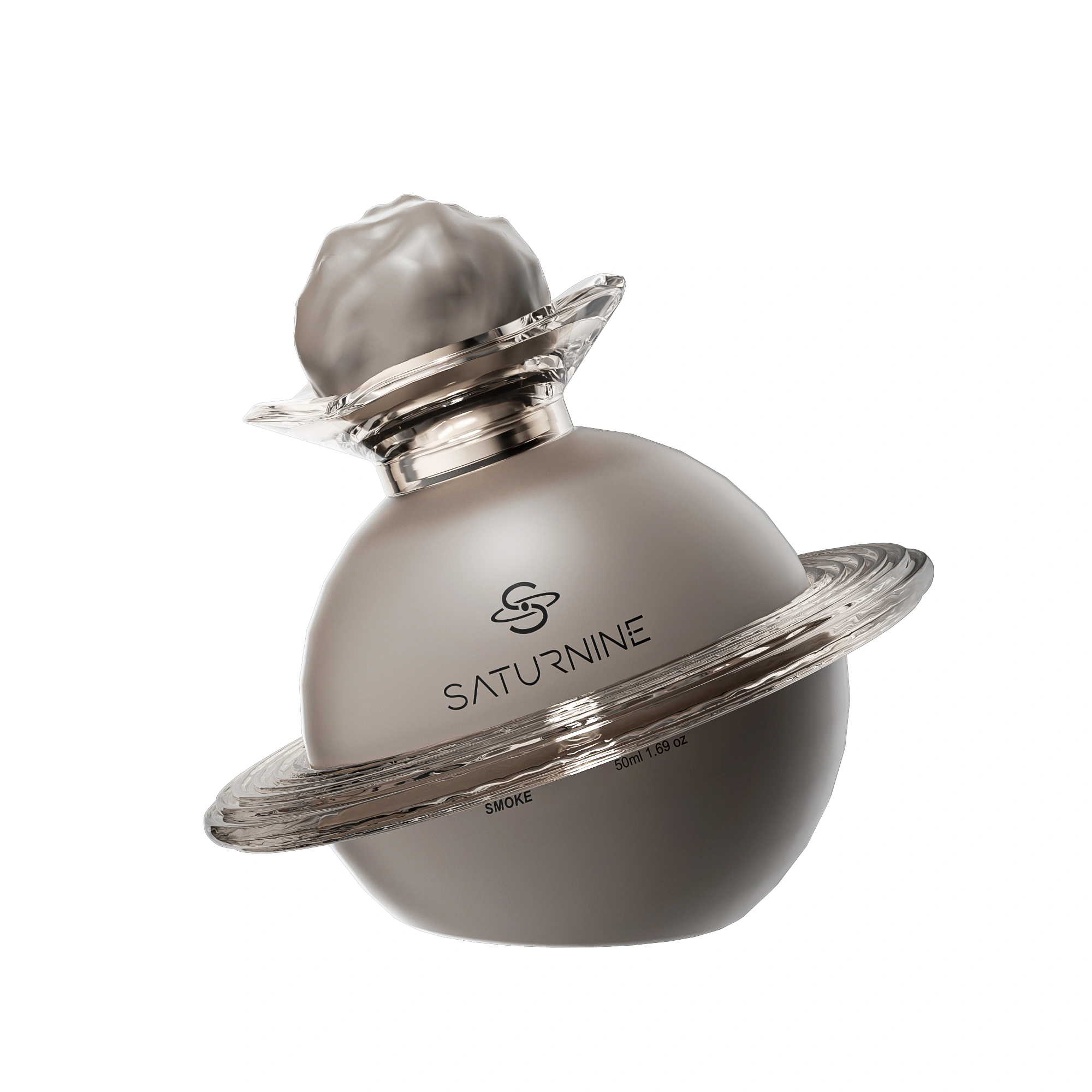 SATURNINE Smoke render on white: solid matte taupe sphere with a glossy clear ring and collar, silver neck and a gray textured cap.