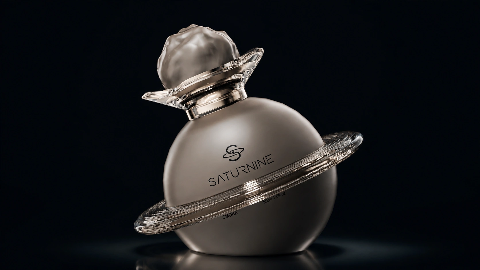 SATURNINE Smoke bottle: matte taupe-gray glass sphere with a clear ring and collar and a frosted gray textured cap, lit against black.