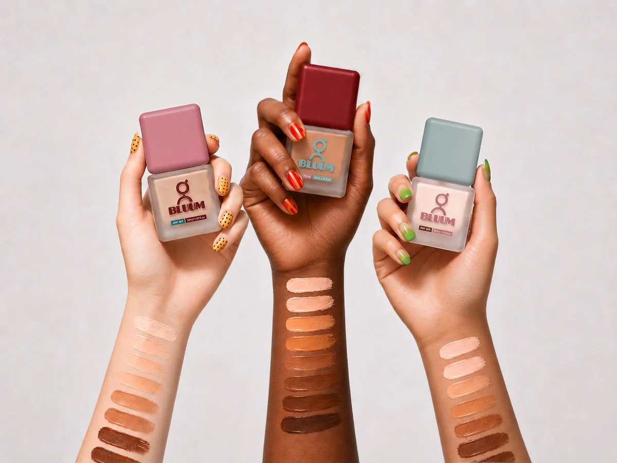 Three hands holding BLUUM frosted square foundation bottles with pink, red and sage caps, with foundation shade swatches on each arm.