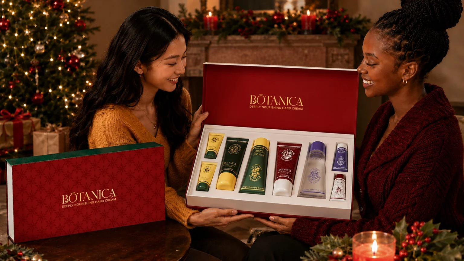Two women by a Christmas tree and fireplace holding an open BOTANICA NOËL gift box of seven hand cream tubes, with the closed red snowflake box on the table beside them.