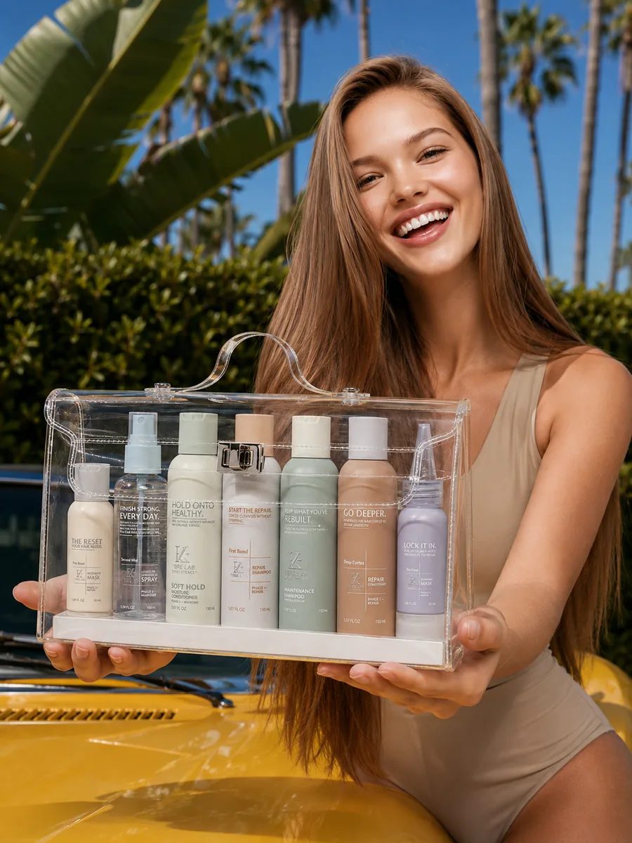 Model holding the FIBRE LAB haircare range of seven bottles and tubes in a clear carry case.