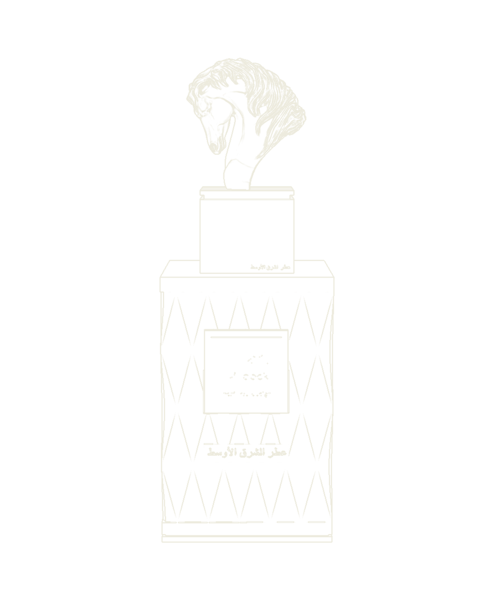 Line drawing of a square faceted perfume bottle with a sculpted horse-head cap