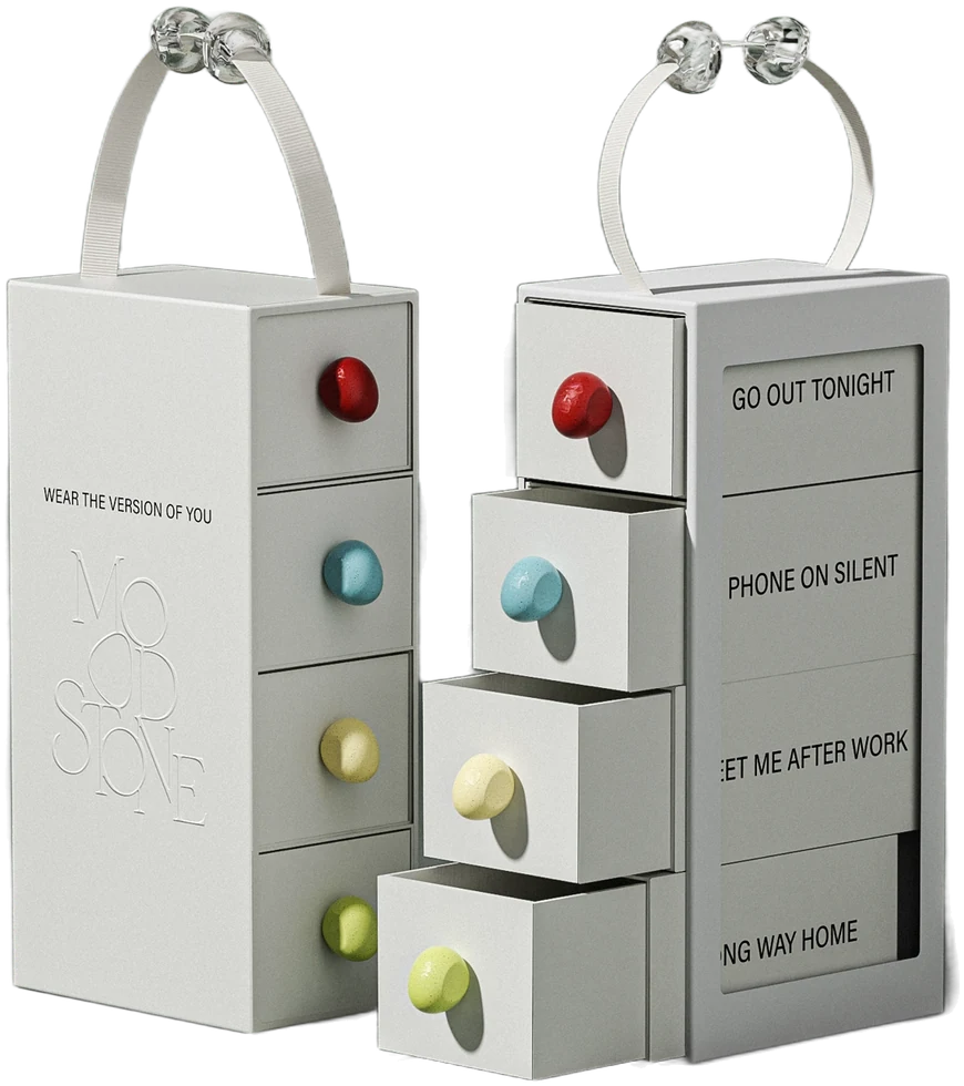 The MOOD//STONE gift tower, closed and with its four drawers pulled out, colored knobs and clear handles