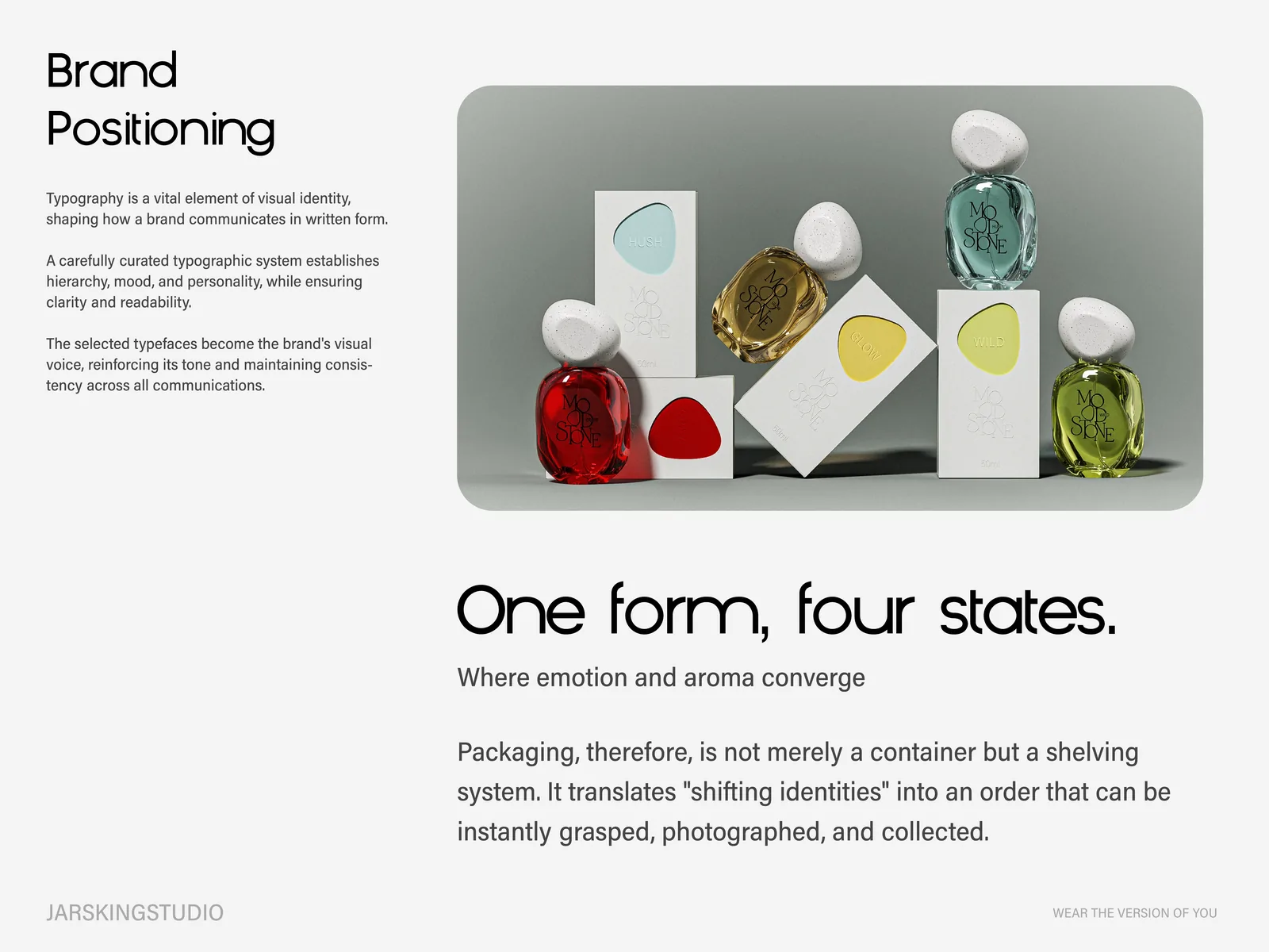 Proposal sheet 01, brand positioning: the four MOOD//STONE bottles with their cartons, one form, four states