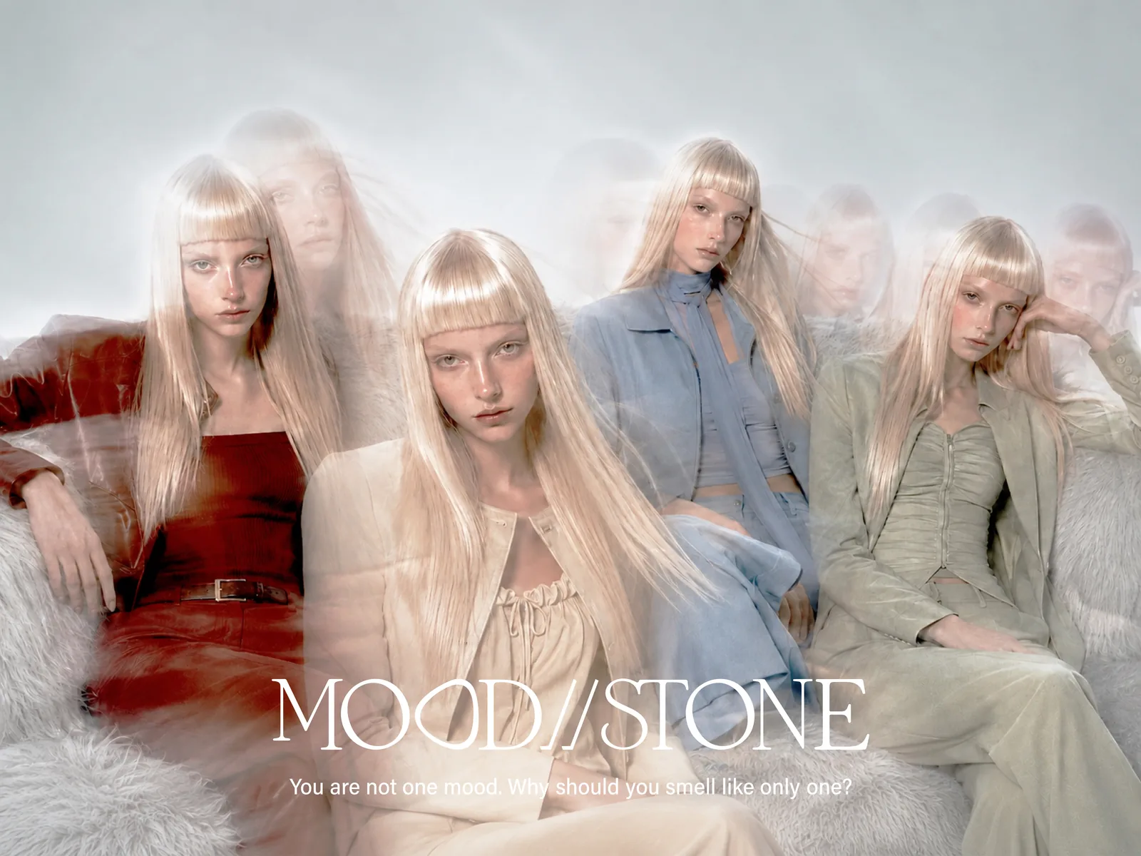 Proposal sheet 05, campaign image: four models in red, cream, blue and green with the MOOD//STONE wordmark