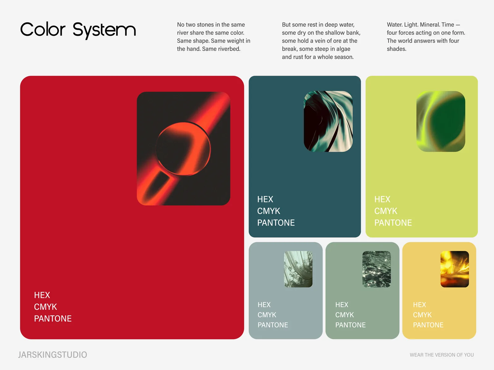 Proposal sheet 03, color system: Coral Red, Blue Jewel, Crystal Green and Amber Yellow with HEX, CMYK and Pantone references