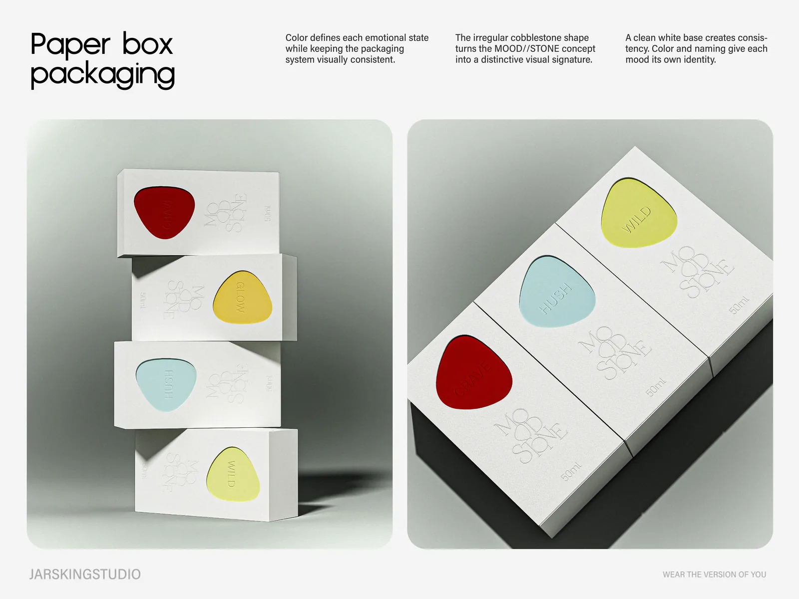 Proposal sheet 04, paper box packaging: the four matte white cartons with colored pebble shapes