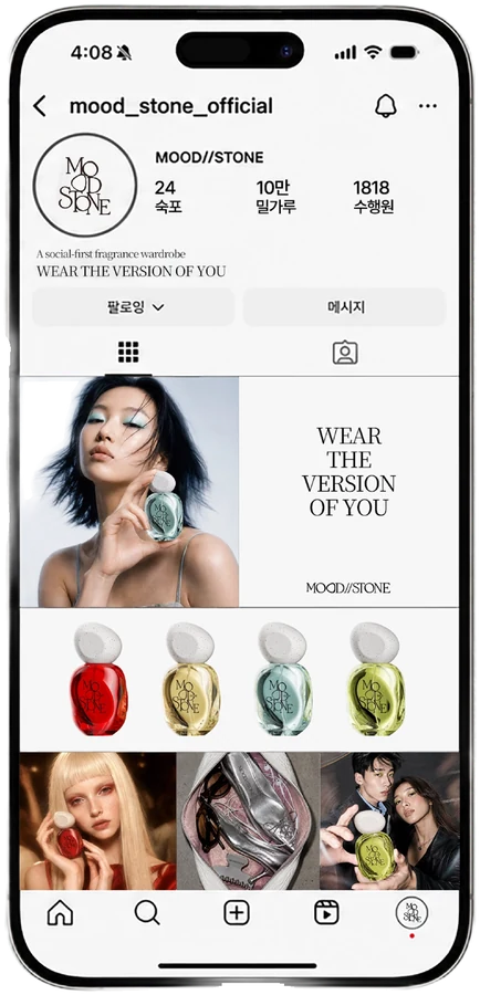 MOOD//STONE social profile on a phone, a grid built on the four bottle colors