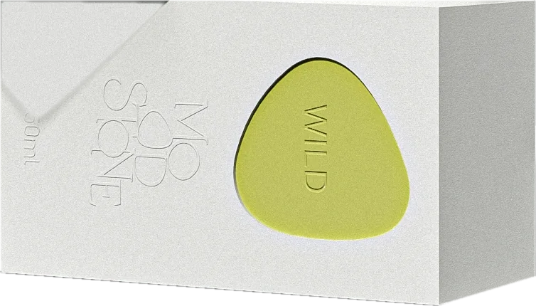 MOOD//STONE WILD carton, matte white board with a crystal green pebble shape
