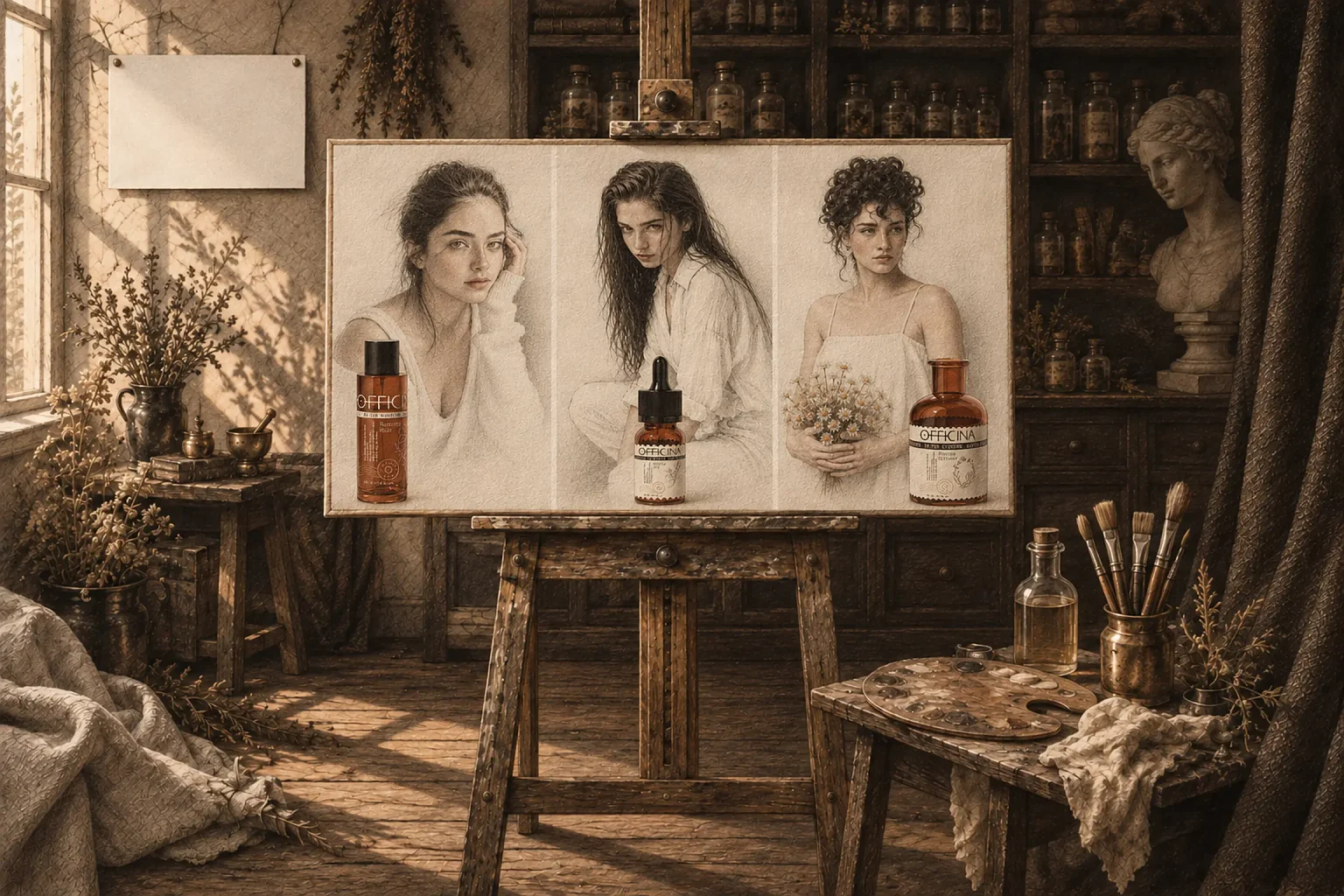 A painter's easel in an apothecary studio holding an OFFICINA campaign triptych of three illustrated portraits, each with an OFFICINA bottle.