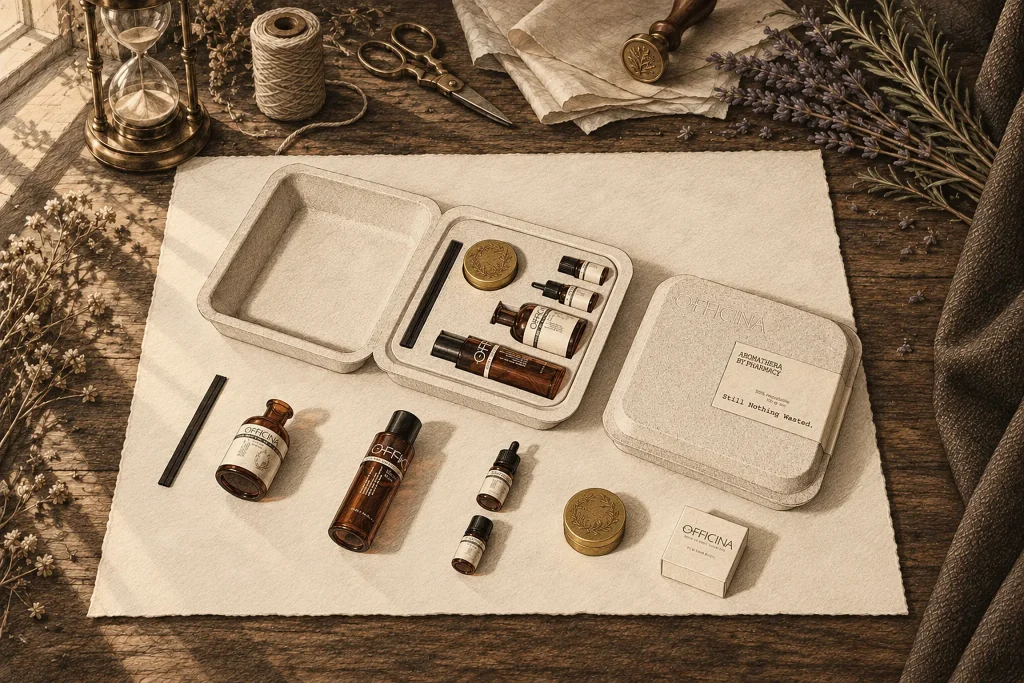 The open OFFICINA molded-pulp gift case with its fitted insert of bottles, reeds and tin, laid out on paper with the bottles, tin and carton beside it.