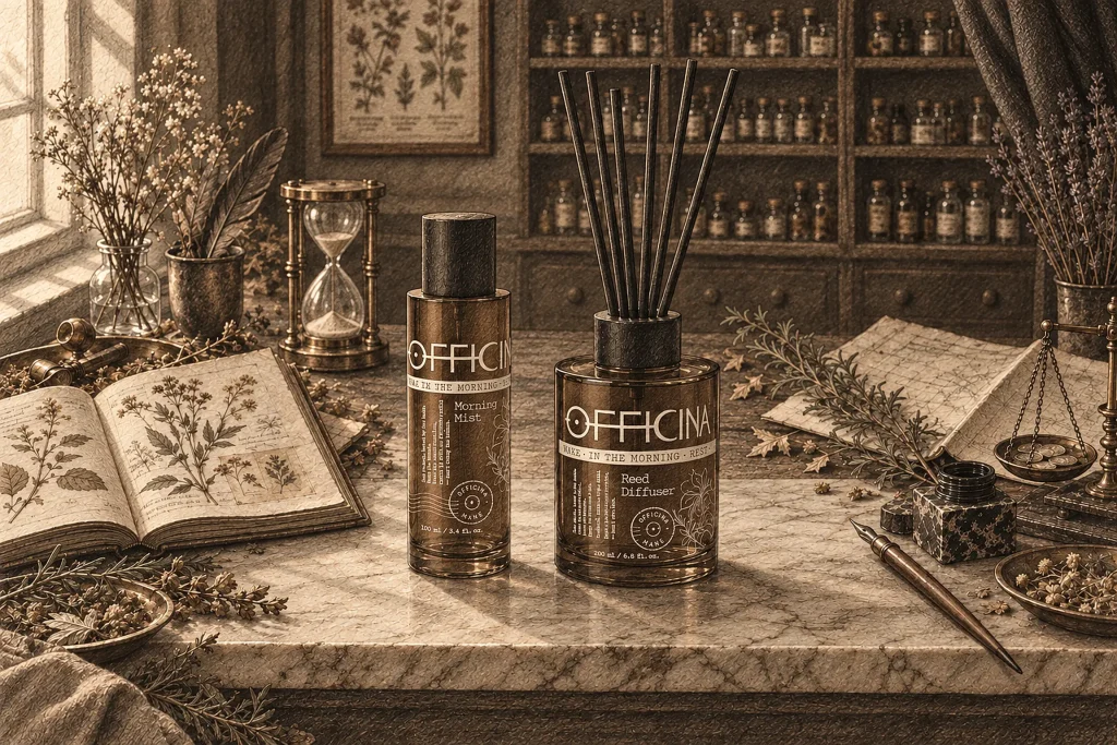The OFFICINA MANE Morning Mist bottle and Reed Diffuser side by side on a marble counter in an apothecary workshop.