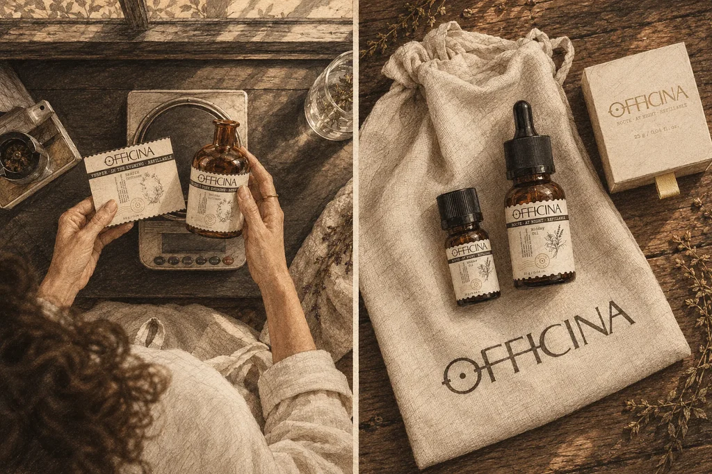 Hands checking an OFFICINA diffuser bottle and its label beside a scale, and two OFFICINA dropper bottles on a linen drawstring bag next to a gift carton.