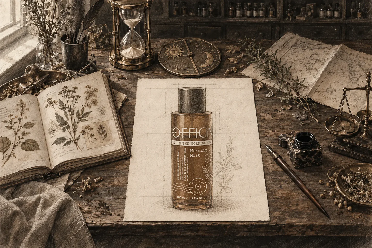 Sepia illustration of an apothecary writing desk with a drawing of the OFFICINA MANE mist bottle on paper, an hourglass, a sun-and-moon dial, a herbarium, a map and a brass scale.