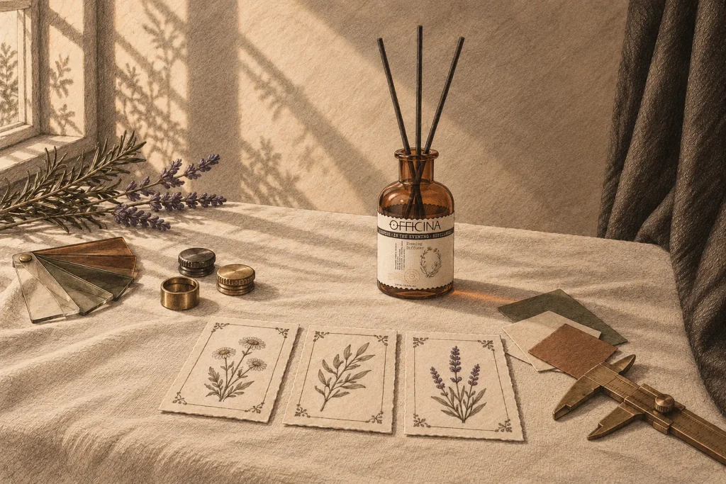 The OFFICINA Evening Diffuser with black reeds on linen among glass color chips, closures, a brass collar, botanical label cards, color swatches and a brass caliper.