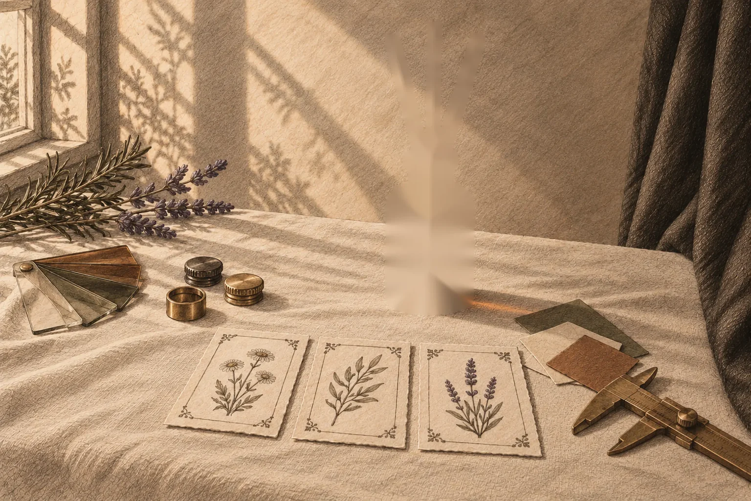 The OFFICINA Evening Diffuser with black reeds on linen among glass color chips, closures, a brass collar, botanical label cards, color swatches and a brass caliper.
